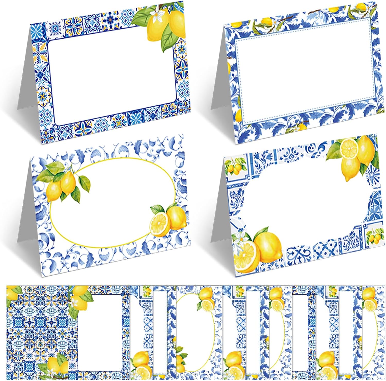 48 Pcs Capri Lemon Place Cards Yellow and Blue Tile Table Name Cards Tent Placard Buffet Food Label for Table Setting Birthday Bridal Shower Italy Yellow Lemon