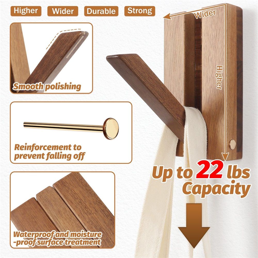 Foldable Wall Hooks 2Pack: Rustic Wooden Coat Hooks Mounted for Heavy Duty Hanging Hats Bags Beach Towels, Space Saving Minimalist Design for — image 5