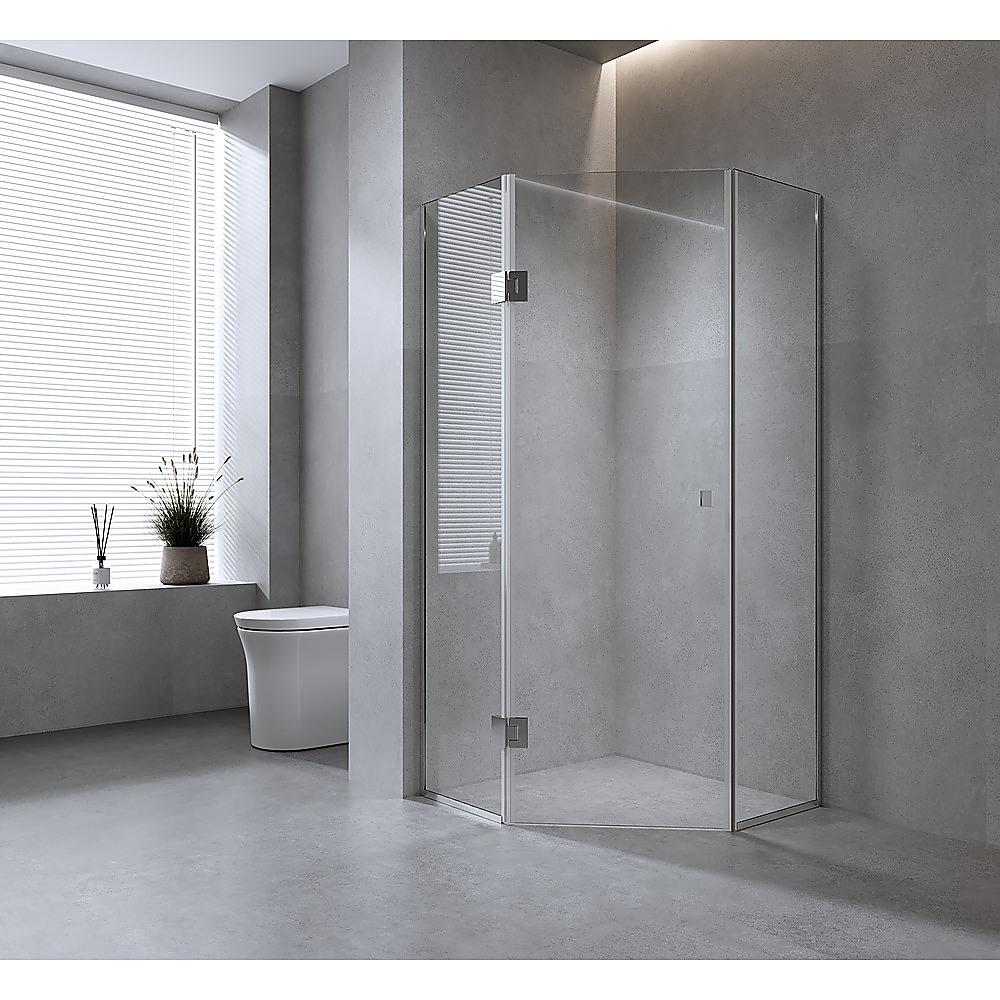 100cm Frameless Diamond Shower Screen โ Channels with Brass Hinges in Gunmetal, Square Double Pull Handle