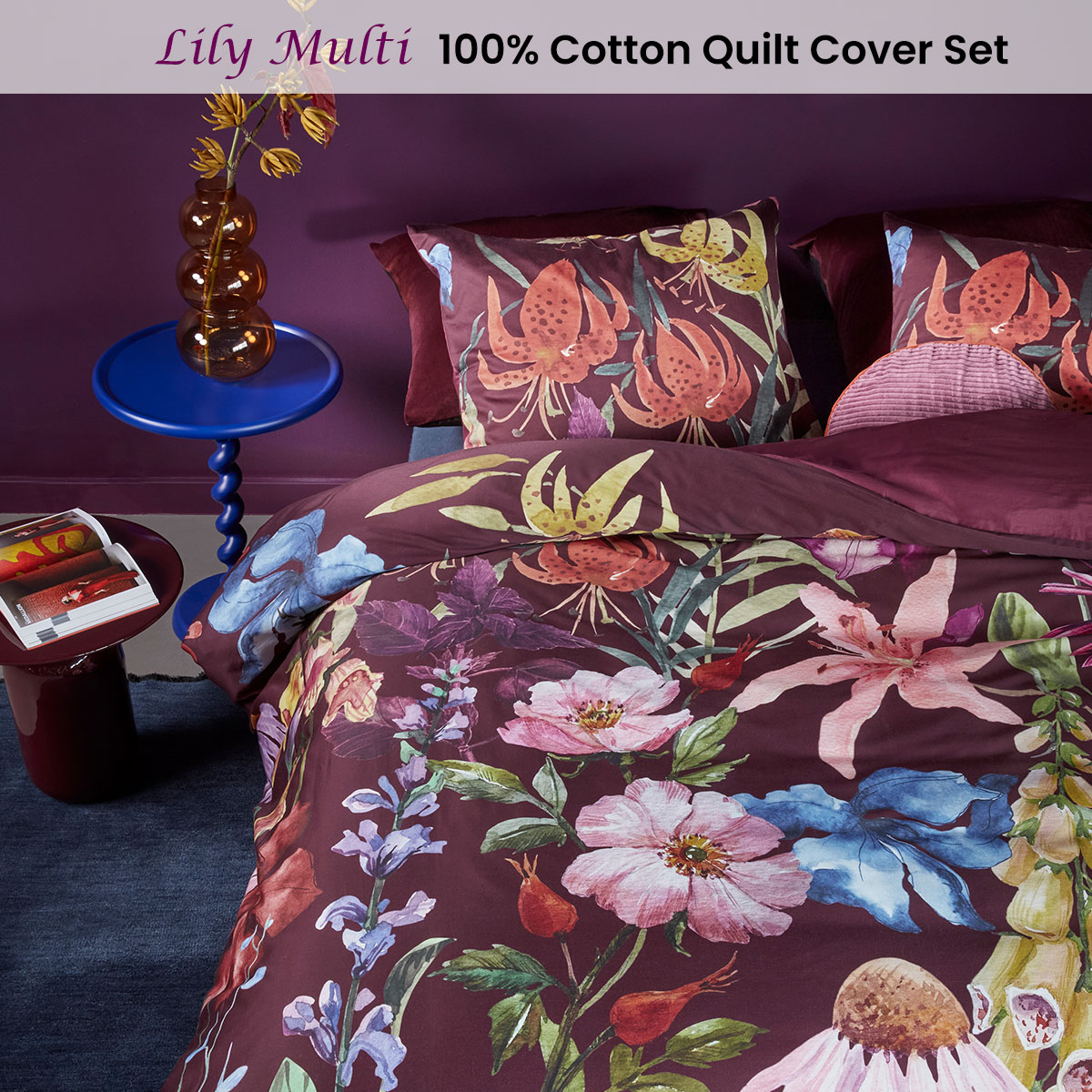 Bedding House Lily Multi Cotton Floral Quilt Cover Set Queen — image 2