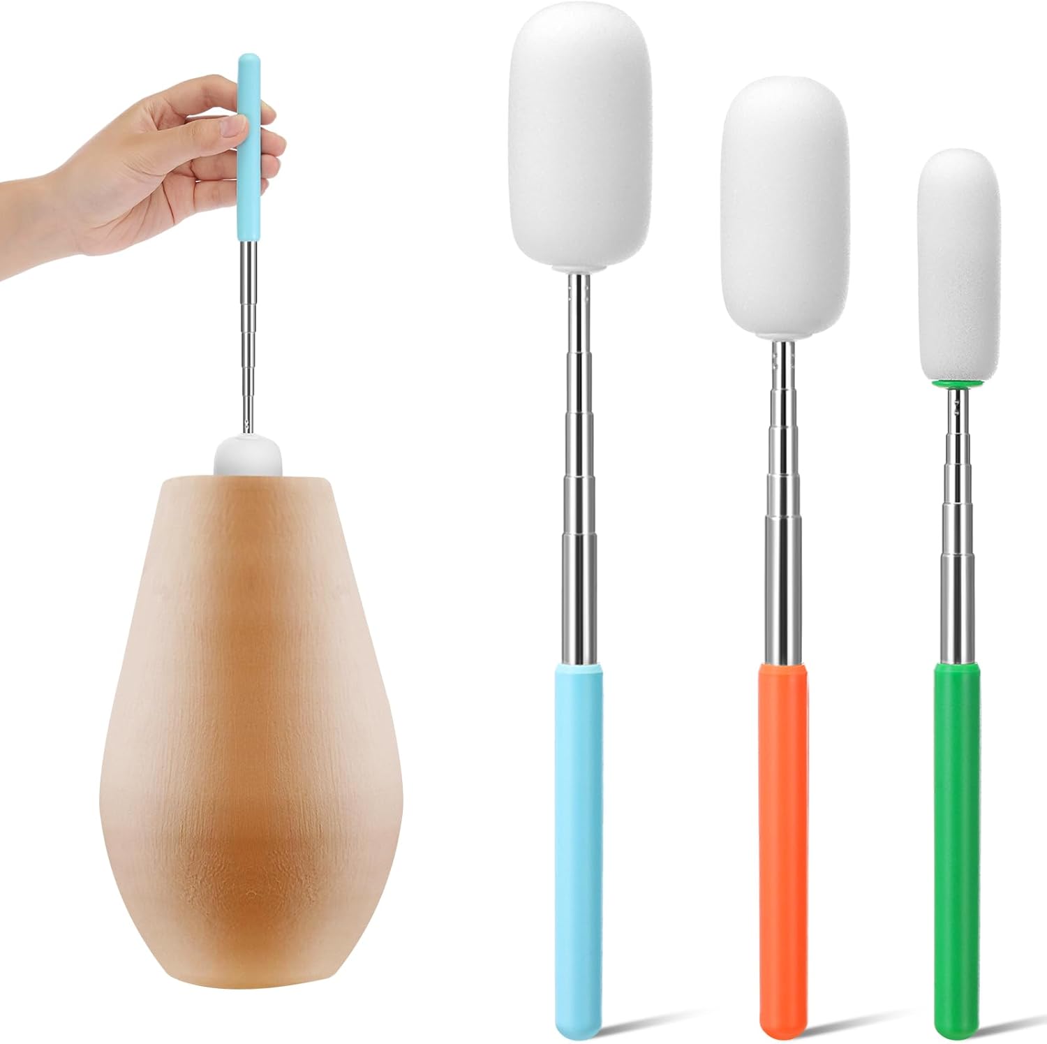 3 Pcs Telescoping Sponge Stick for Pottery 27 Inches Long Detachable Sponges Removing Excess Water, Shaping Tall/Narrow Vessels and Cleaning(Light Color) Light