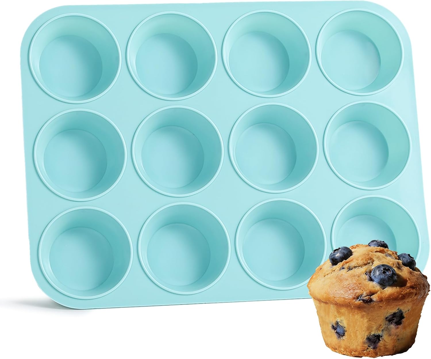Silicone Muffin Pan, Regular Size 12 Cups Non Stick Cupcake Pan for Baking, Light Blue