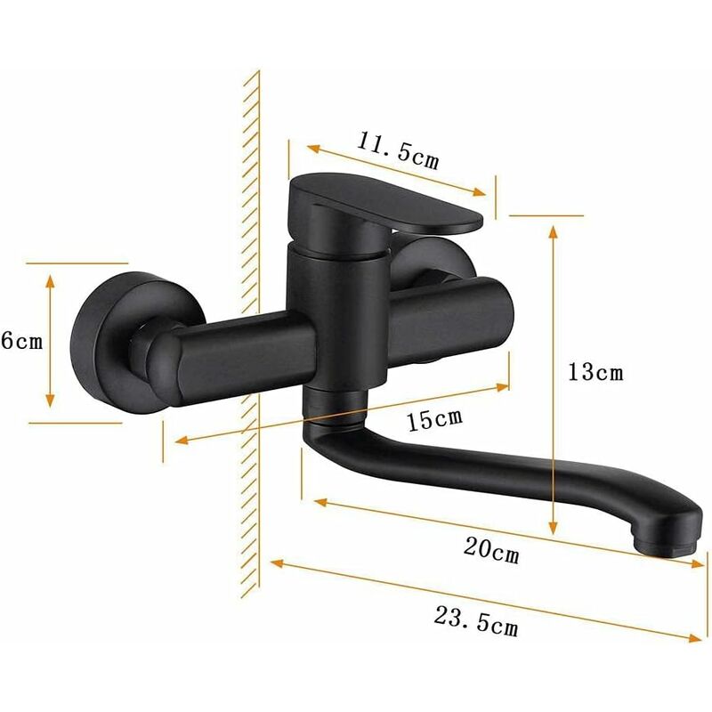 Single Handle Kitchen Faucet Wall Mounted High Quality Brass Body Black Projection 200Mm(G1/2) — image 3