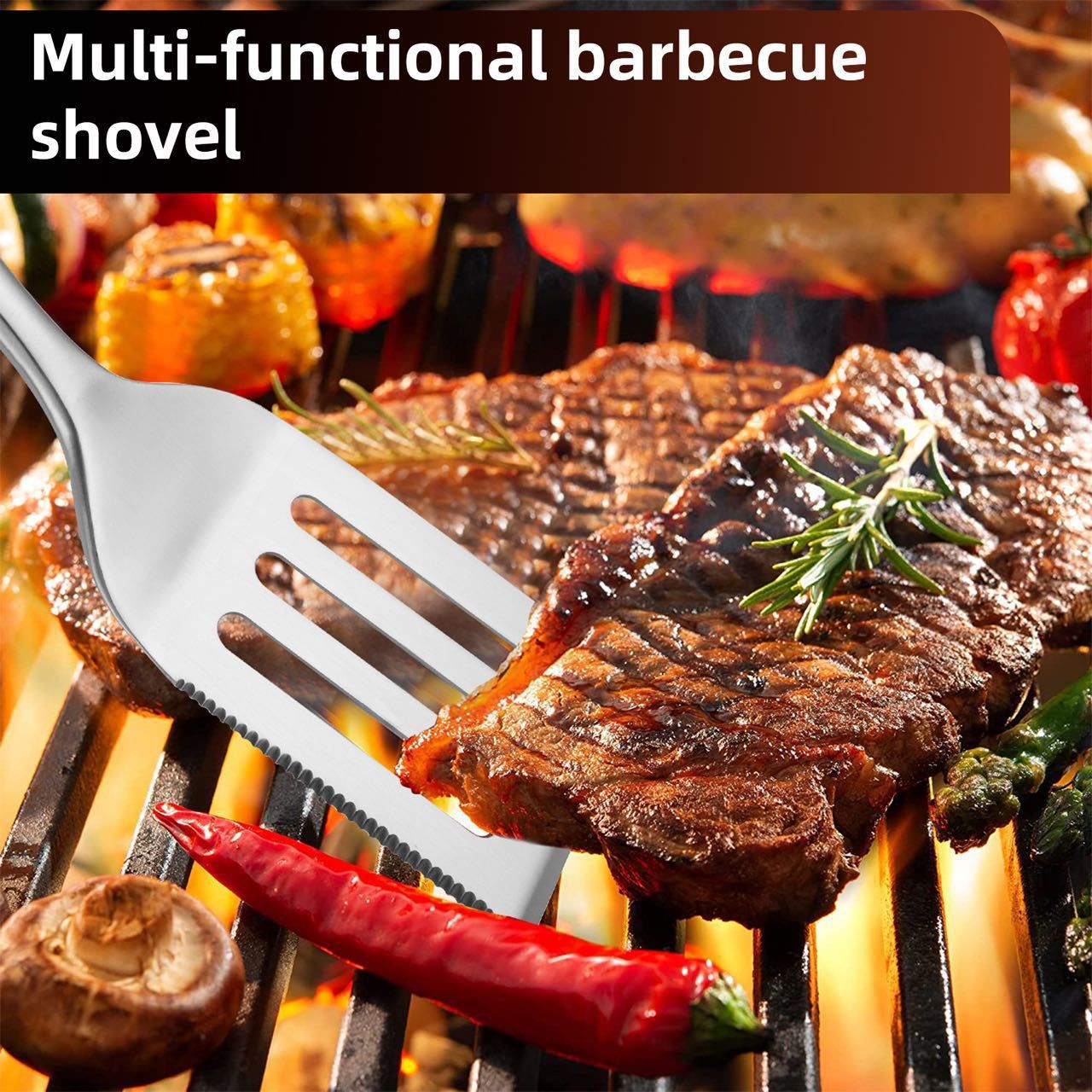 Heavy-Duty Rose Wooden BBQ Grilling Tools Set. Extra Thick Stainless Steel Multi-Function Spatula, Fork & Tongs — image 3