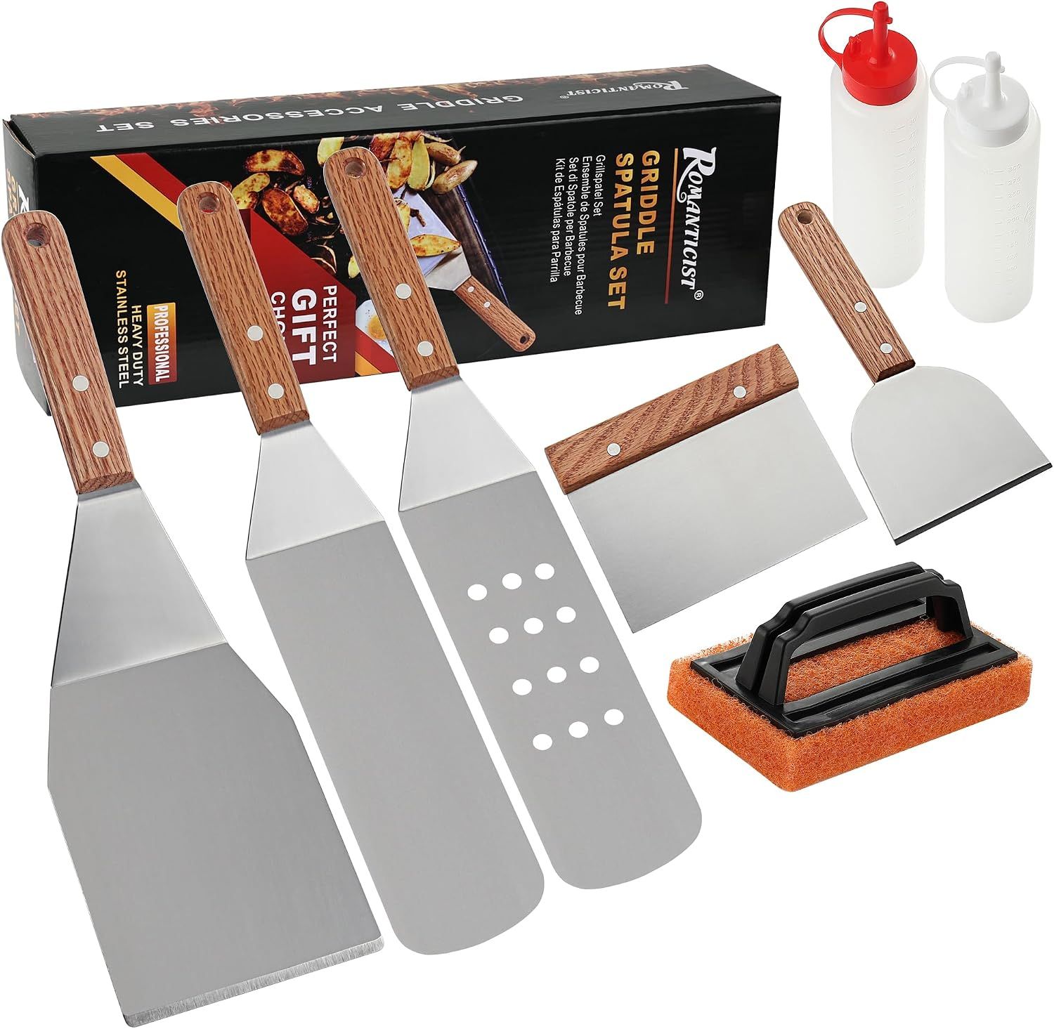 8pcs Professional Griddle Accessories Kit - Heavy Duty Stainless Steel Grill Spatula Set for Grill Griddle Hibachi Flat Top Outdoor Cooking - Great Grill Gift
