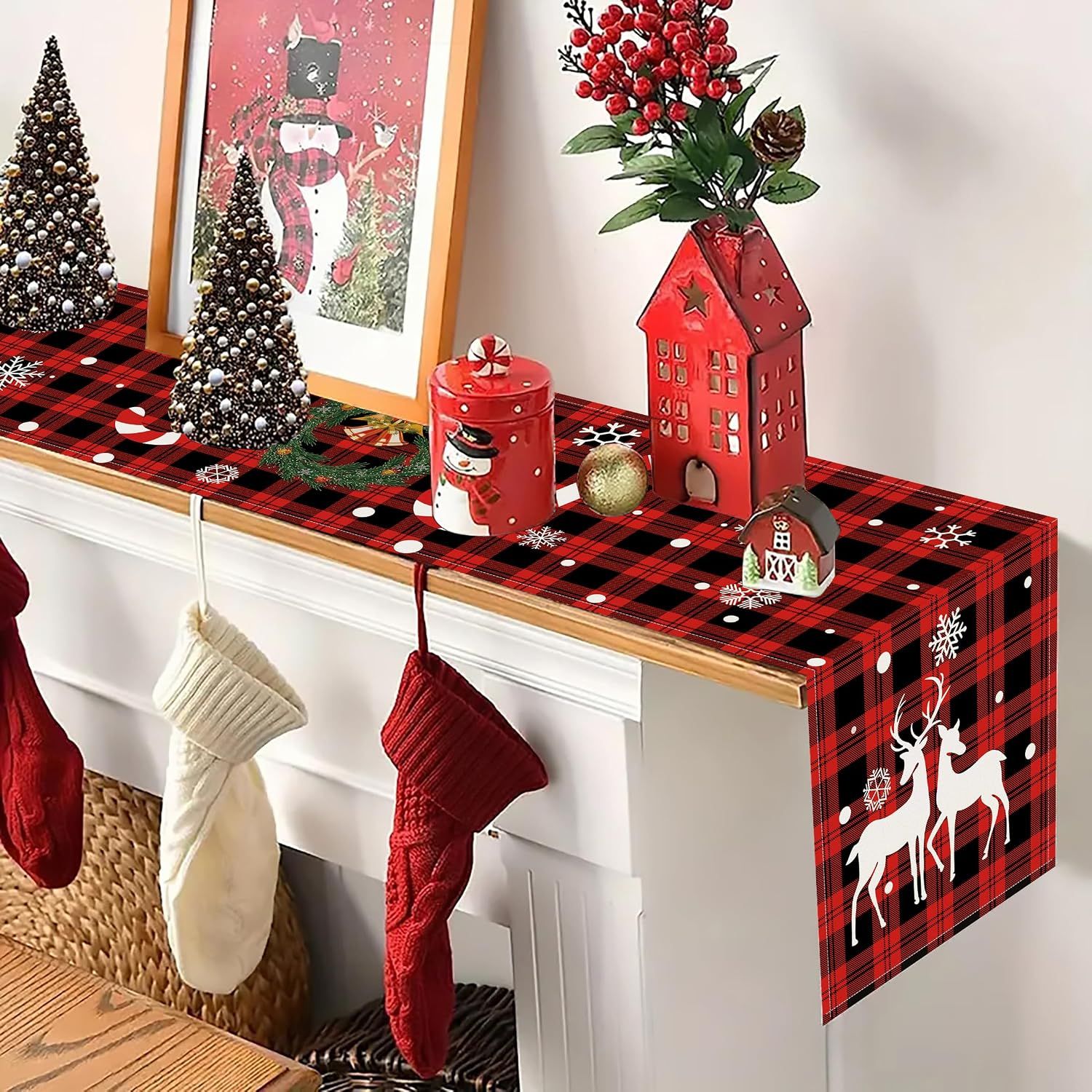 Buffalo Plaid Christmas Table Runner 13" x 72" Long Linen Xmas Reindeer Table Runner Christmas Decoration, Joy — image 4