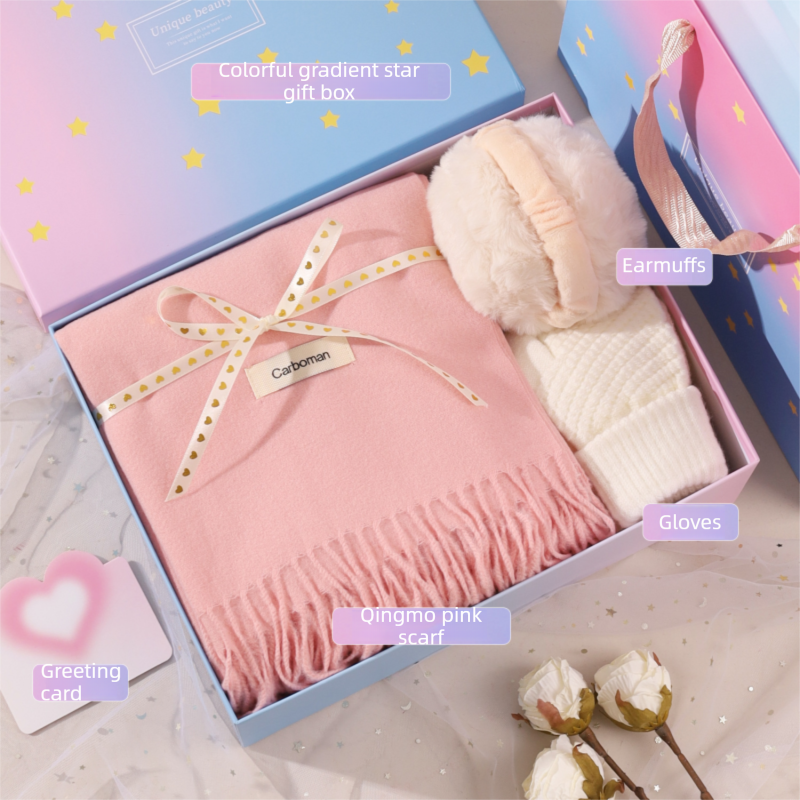 Pink and White Winter Scarf Gift Box Set for Women （Earmuffs, Gloves, and Scarf 3-Piece Set）- Soft Warm Scarf with Luxury Gift Packaging Birthday Present for