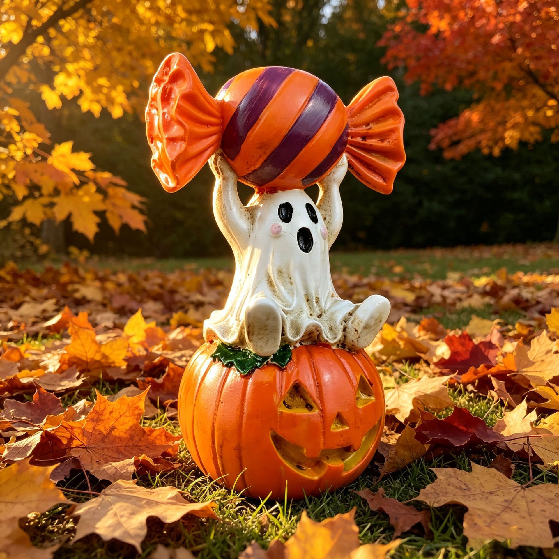 Halloween Resin Ghost Pumpkin Figurine: Little Ghost Sitting on Pumpkin with Candy on Head, Glossy Finish, Perfect Desktop and Party Decoration โ image 5