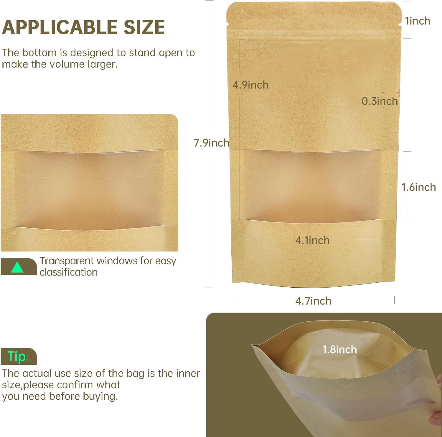120pcs 4.7"x7.8" Kraft Bags with Window Zipper Lock Stand Up Bulk Pouches Resealable Bags, Smell Proof Mylar Bags for Food Storage, Stand-up Resealable Food — image 2