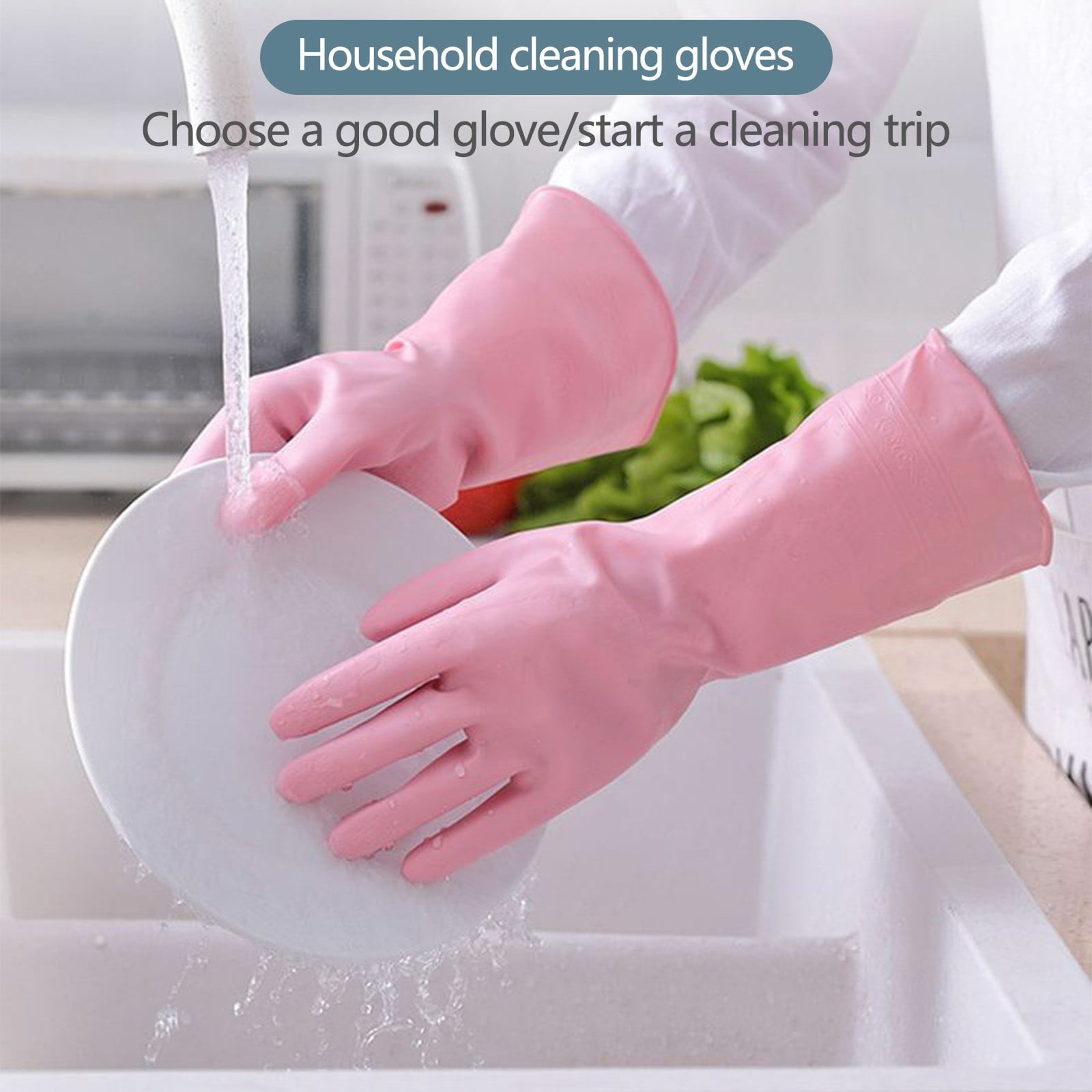 1 Pair Rubber Gloves for Dishwashing Cleaning, Cotton Lined Household Gloves, Waterproof Gloves for Kitchen Bathroom, Reusable Gloves, Pink, Size L