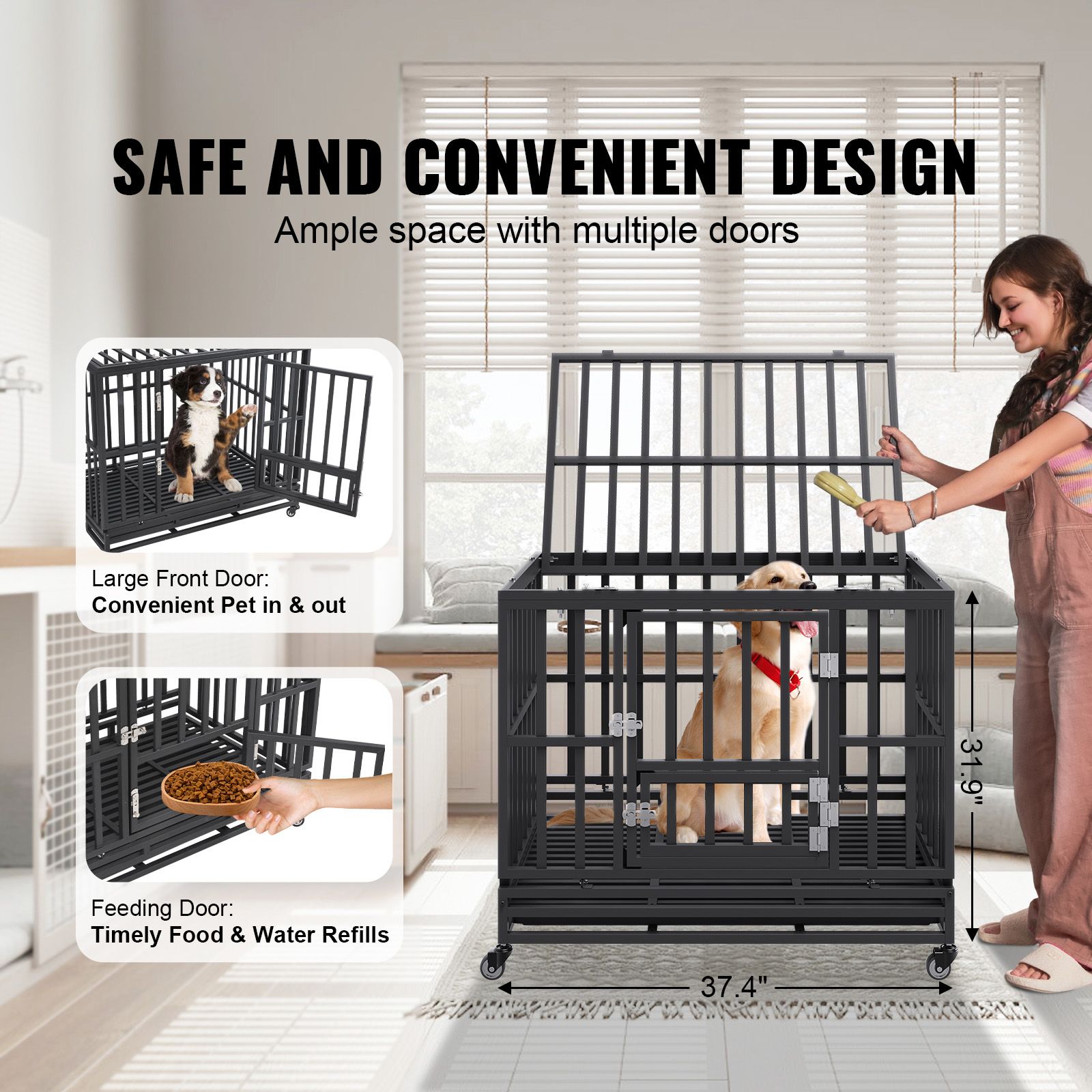 Heavy Duty Dog Crate 38 in Metal Dog Kennel with Wheels and Removable Tray — image 2