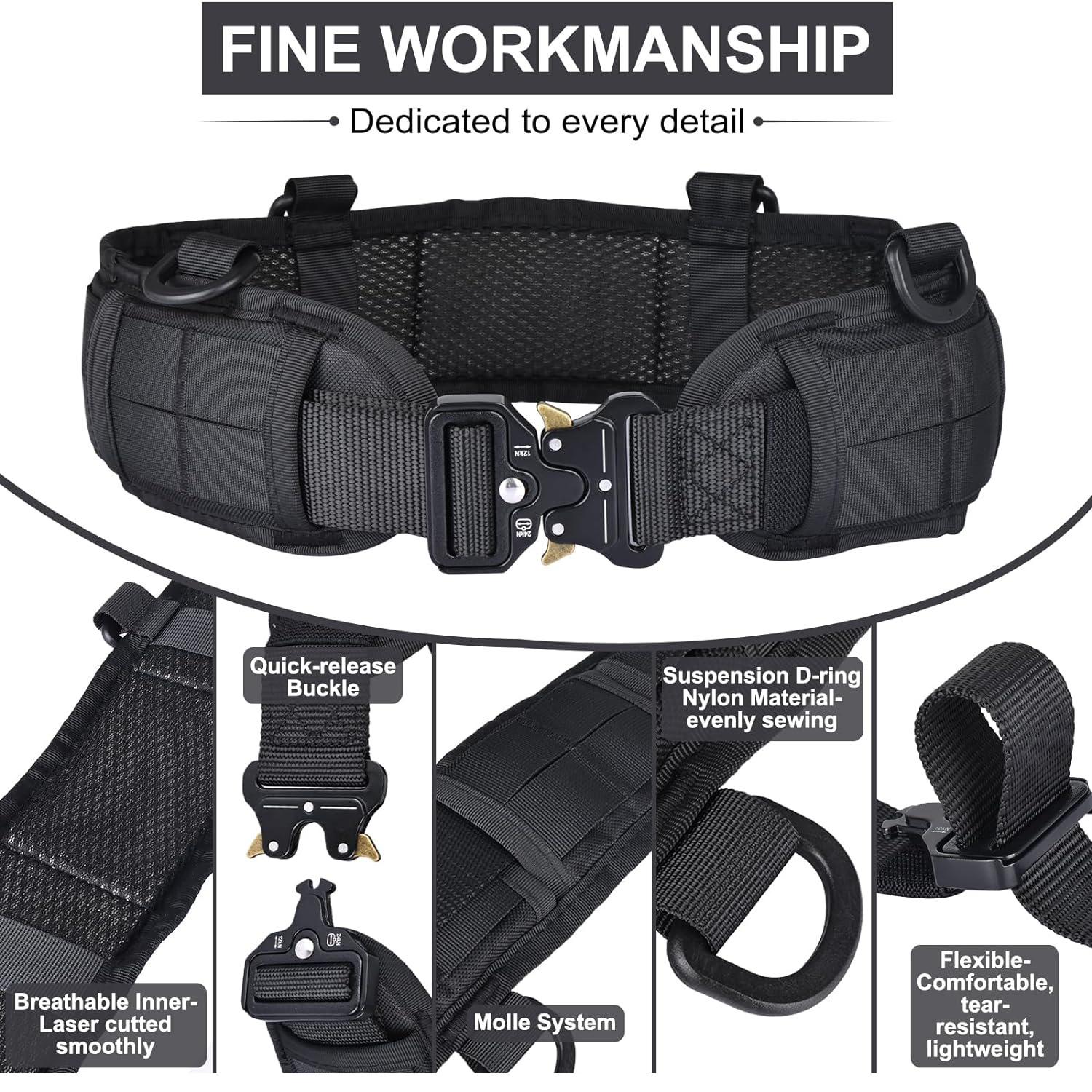 Black Adjustable Tactical Battle Belt Set - Padded MOLLE Outer & Nylon Inner Belt — image 3