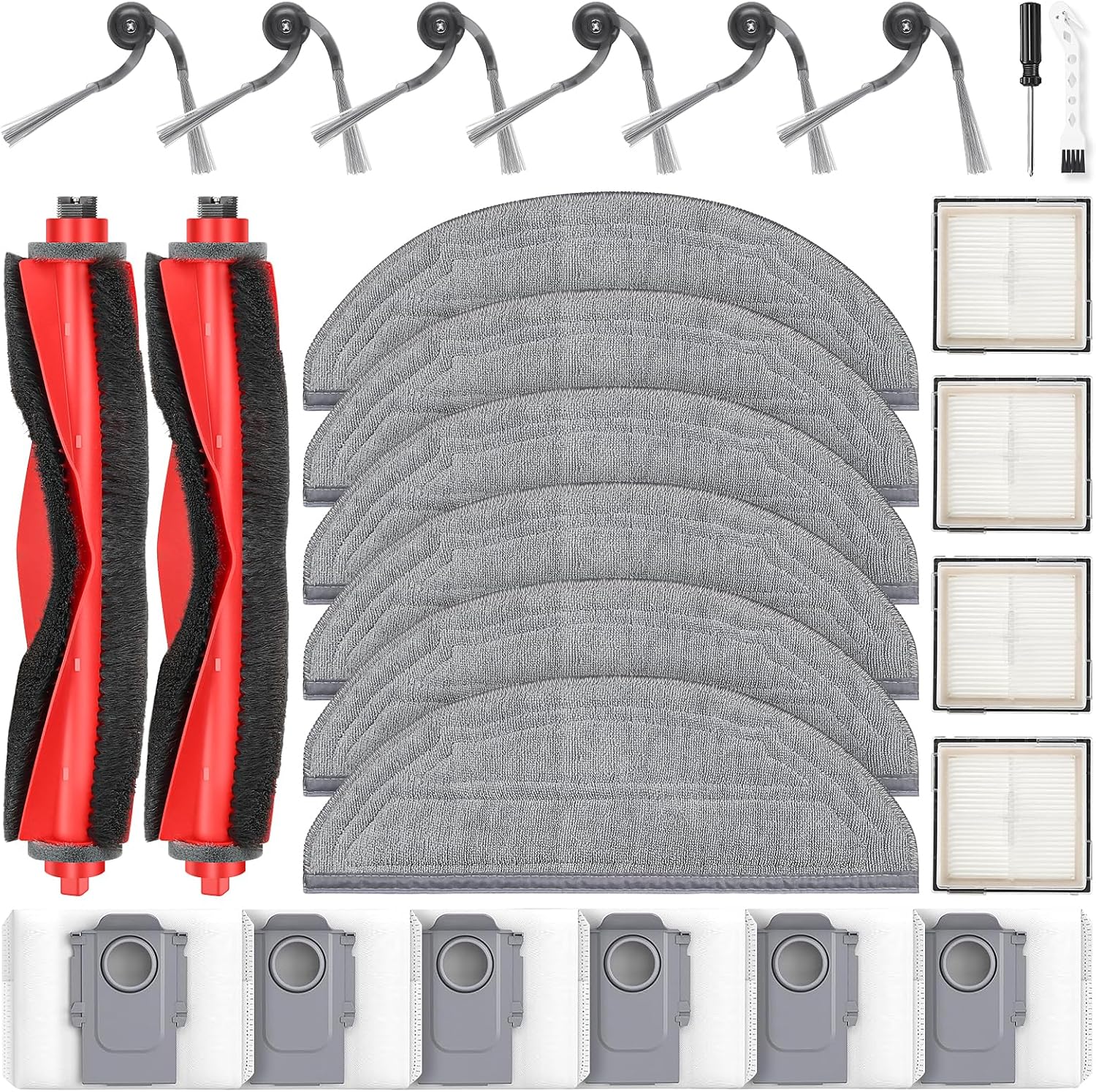 26 Pcs Replacement Kit for Q10 S5+ Robot Vacuum, 2 Main Brush, 4 HEPA Filter, 6 Mop Pads, 6 Side Brush, 6 Dust Bag,1 Cleaning Brush and 1 Screwdriver