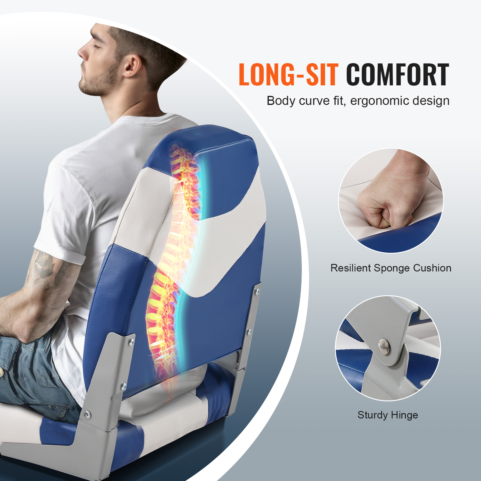 Boat Seats, 555 mm High Back Boat Seat, Folding Boat Chair with Thickened Sponge Padding and Hinge, Fold-Down Boat Captain Chairs for Fishing Boat, Sightseeing — image 3
