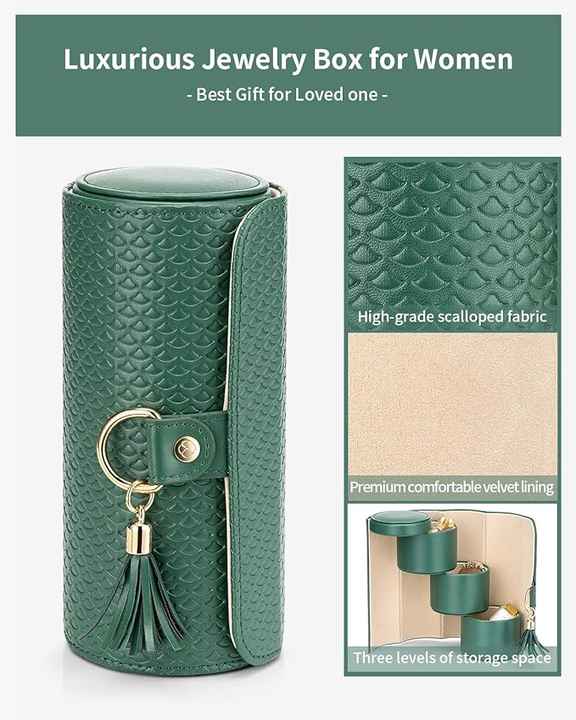 Beige and Pink Elegant 3-Tier Cylindrical Travel Jewellery Box - PU Leather Organizer for Rings Earrings Necklaces with Tassel Charm โ image 6