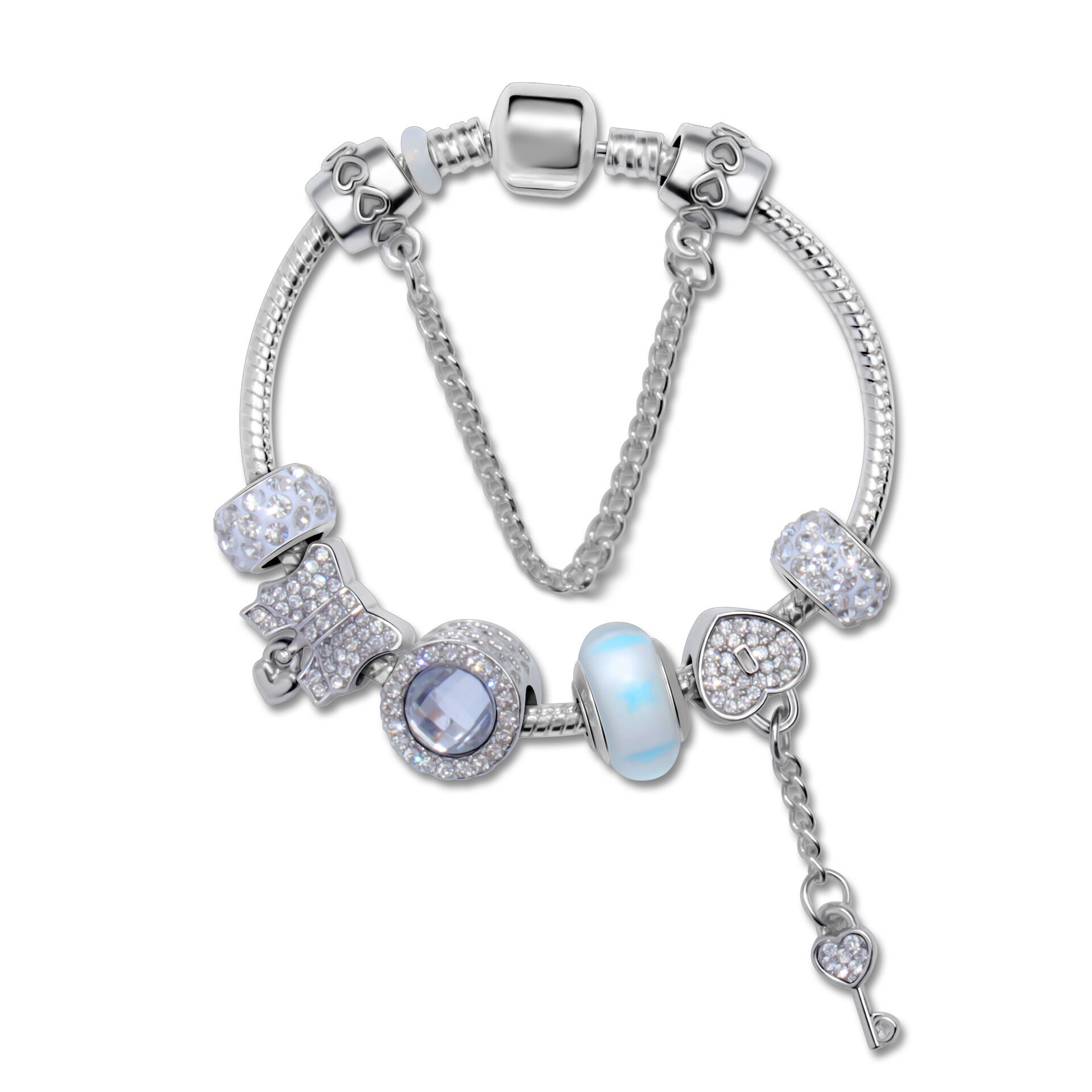 Rhinestone Cat's Eye Glass Bead Charm Bracelet - Heart Lock Pendant(17cm)