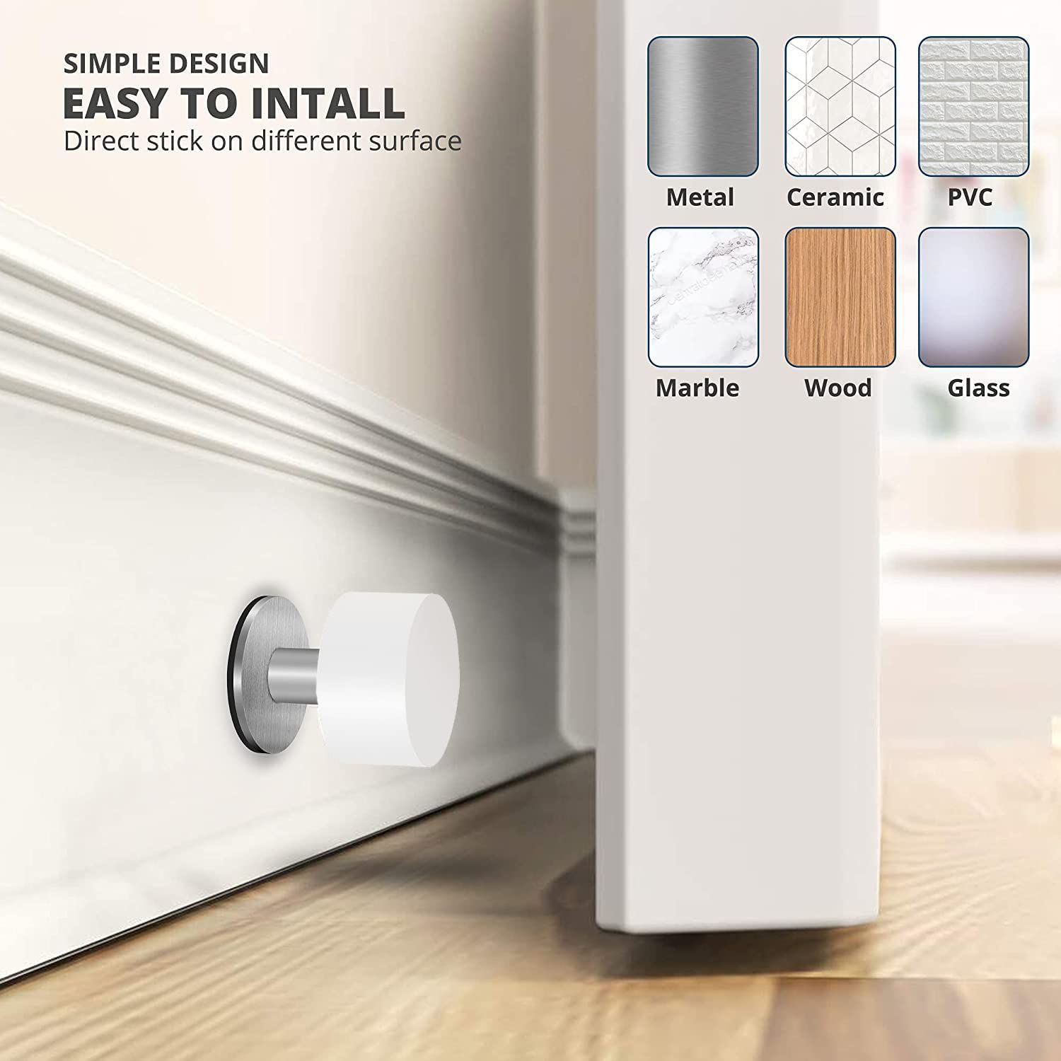 Door Stoppers with Extra Stickers, Self-Adhesive Door Stop with White Rubber & Stainless Steel Body - Heavy Duty Sound Dampening — image 4