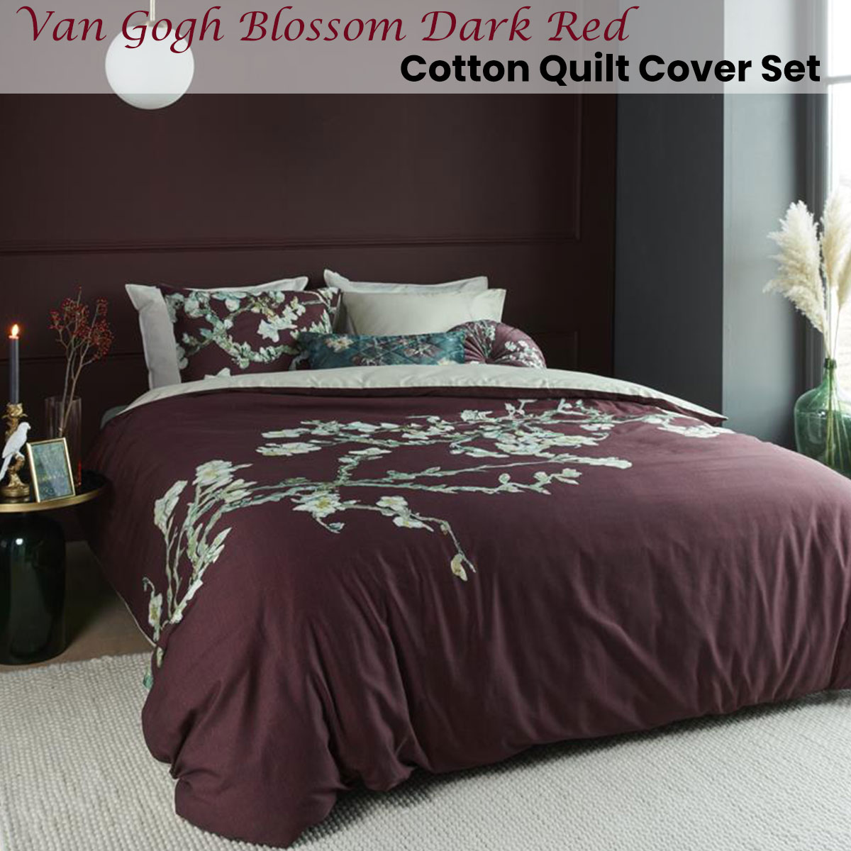 Bedding House Van Gogh Blossom Dark Red Cotton Quilt Cover Set Queen — image 2