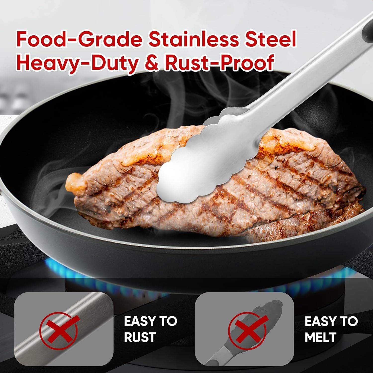 3 Pcs Stainless Steel Kitchen Tongs Set (7" 9" 12"), Heavy Duty Food Grade Cooking Tongs with Lock for Grilling & BBQ (Black) — image 2