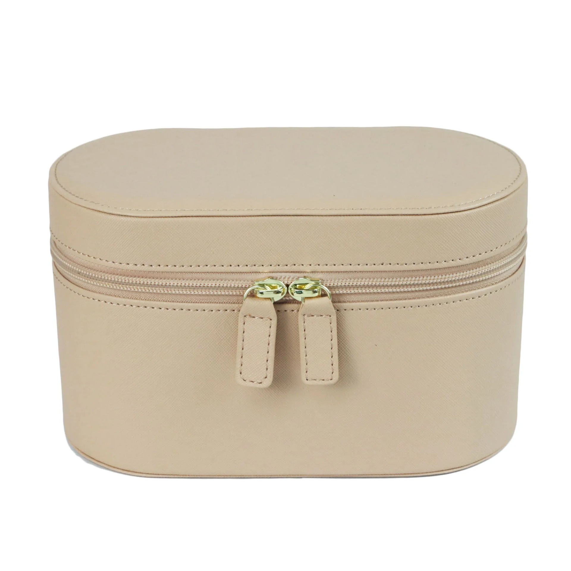 Beige Elegant PU Leather Makeup & Toiletry Bag - Large Capacity Travel Cosmetic Organizer with Brush Holder