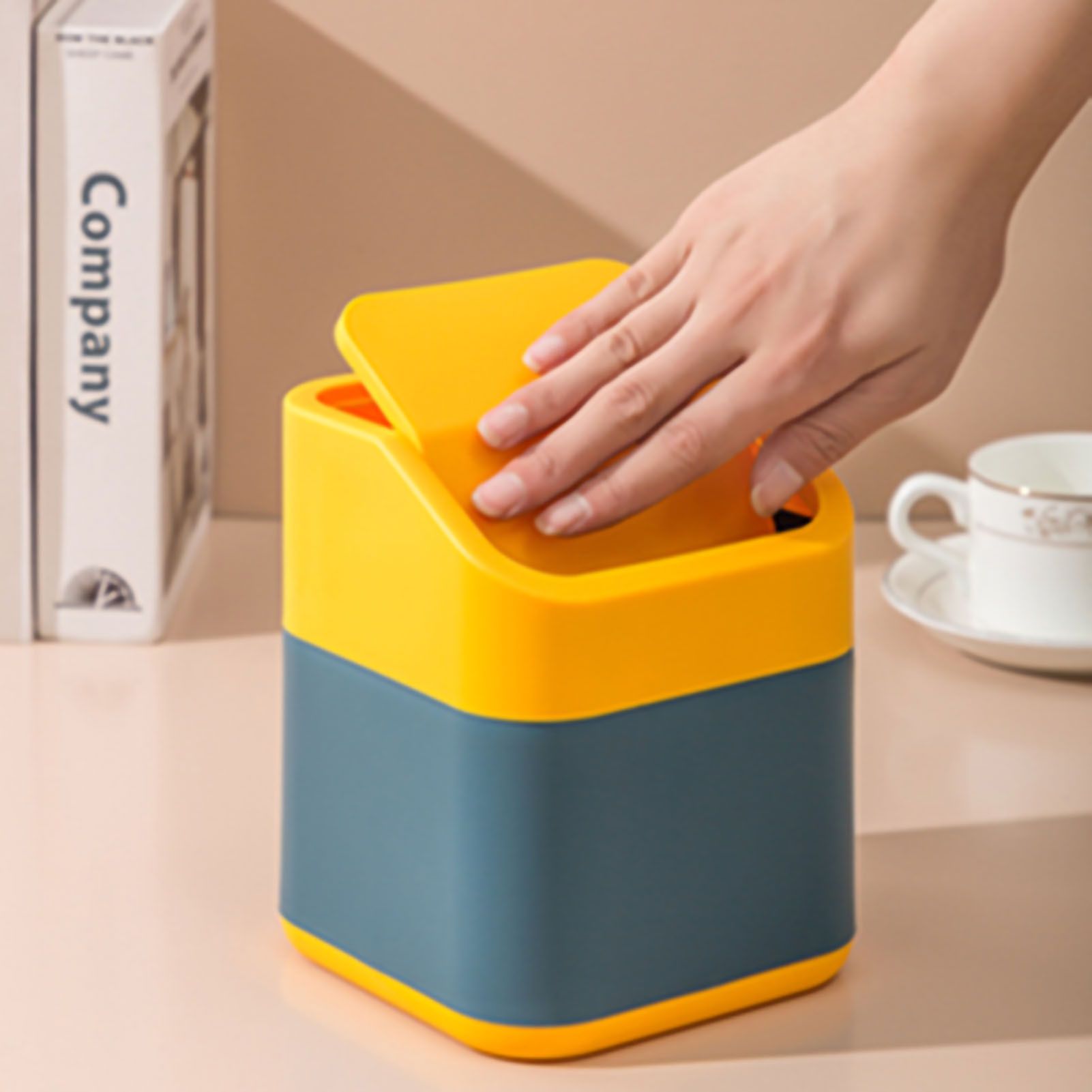 Desktop Trash Can Cute Drop Resistant Portable Tiny Desktop Garbage Bin with Detachable Lid for Car and Home Flip [Yellow Navy] — image 2
