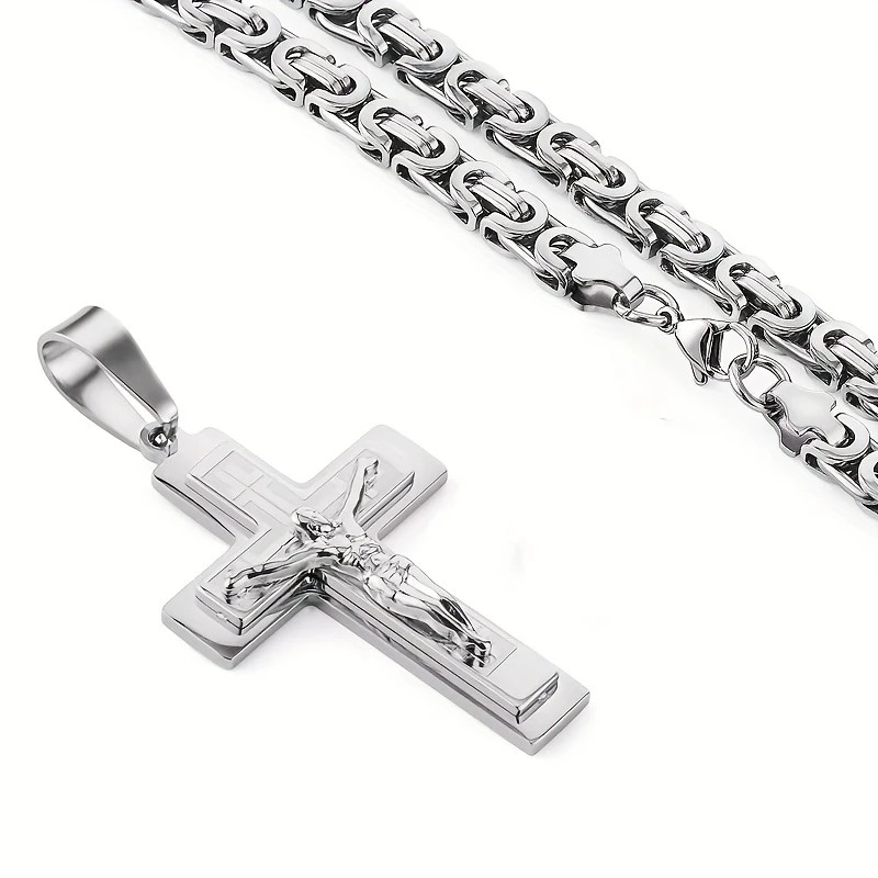 Trendy Gold-Plated Cross Men's Pendant, paired with a Cuban chain—a bold, personal expression of faith.silver — image 2
