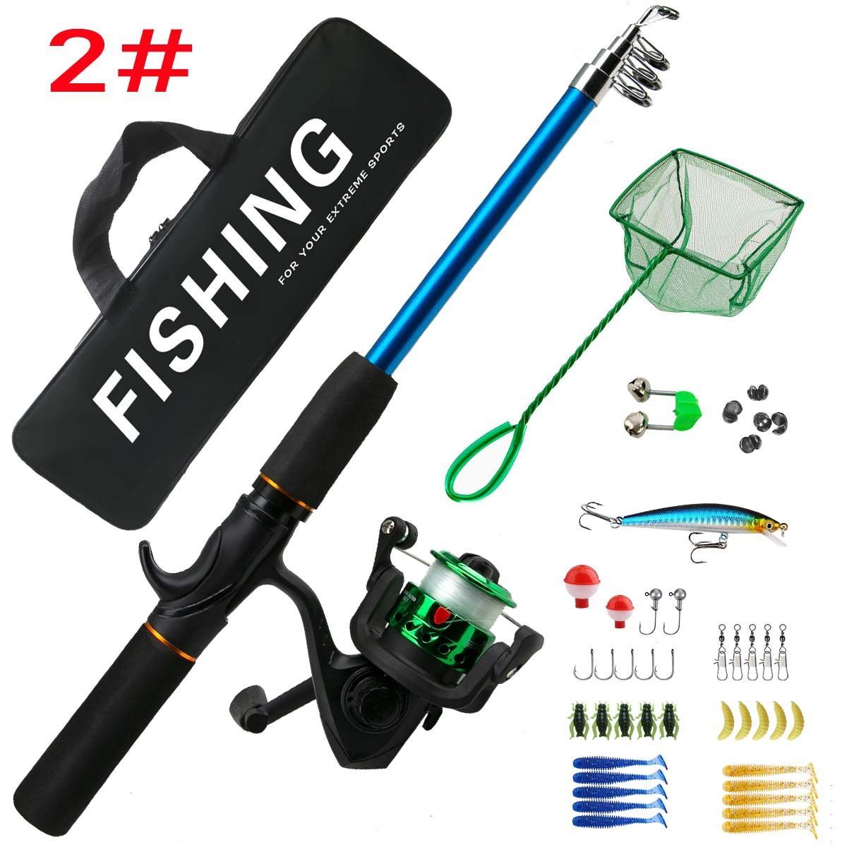 Beginner Fishing Set Fishing Tackles Including Reel Telescopic Rod Float Baits Hook Connector Landing Net & Storage Bag Rod - Green Set 2 - Size 1 Pack