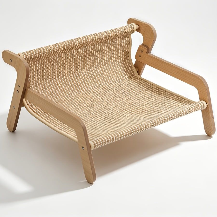 Curved Wooden Cat Lounge Chair with Sisal Scratching Surface – Hammock-Style Pet Bed for Indoor Rest, Play, and Nail Trimming, Fits Living Room or Balcony — image 3
