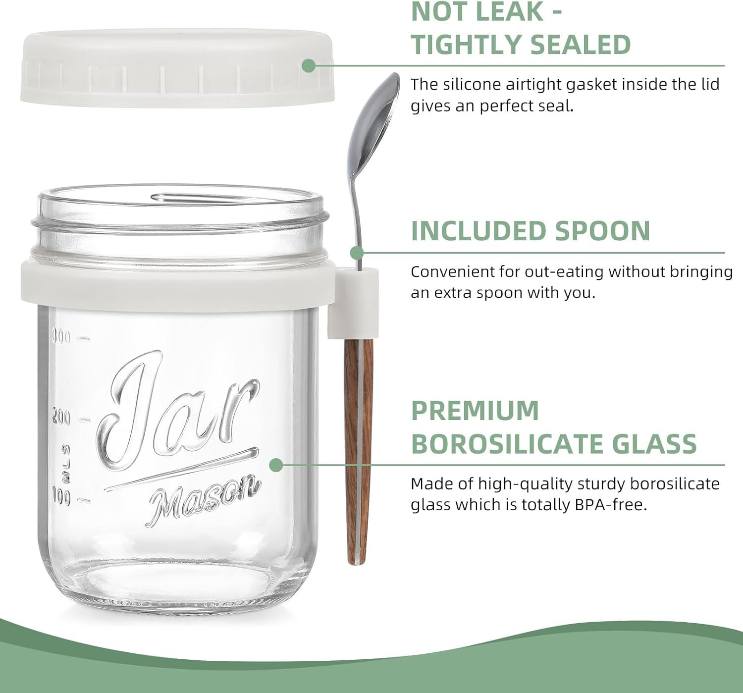 4-Pack 16oz Glass Overnight Oats Jars with Lids & Spoons, Airtight Mason Jars for Yogurt, Salad, Fruit, Meal Prep, Leak-Proof & Portable (Multicolor) — image 3