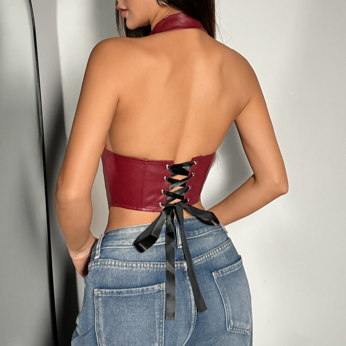 Womens Sexy PU Leather Halter Crop Top Deep V Neck Backless Faux Leather Vest Button Front Pointed Hem Clubwear Brown XS โ image 6