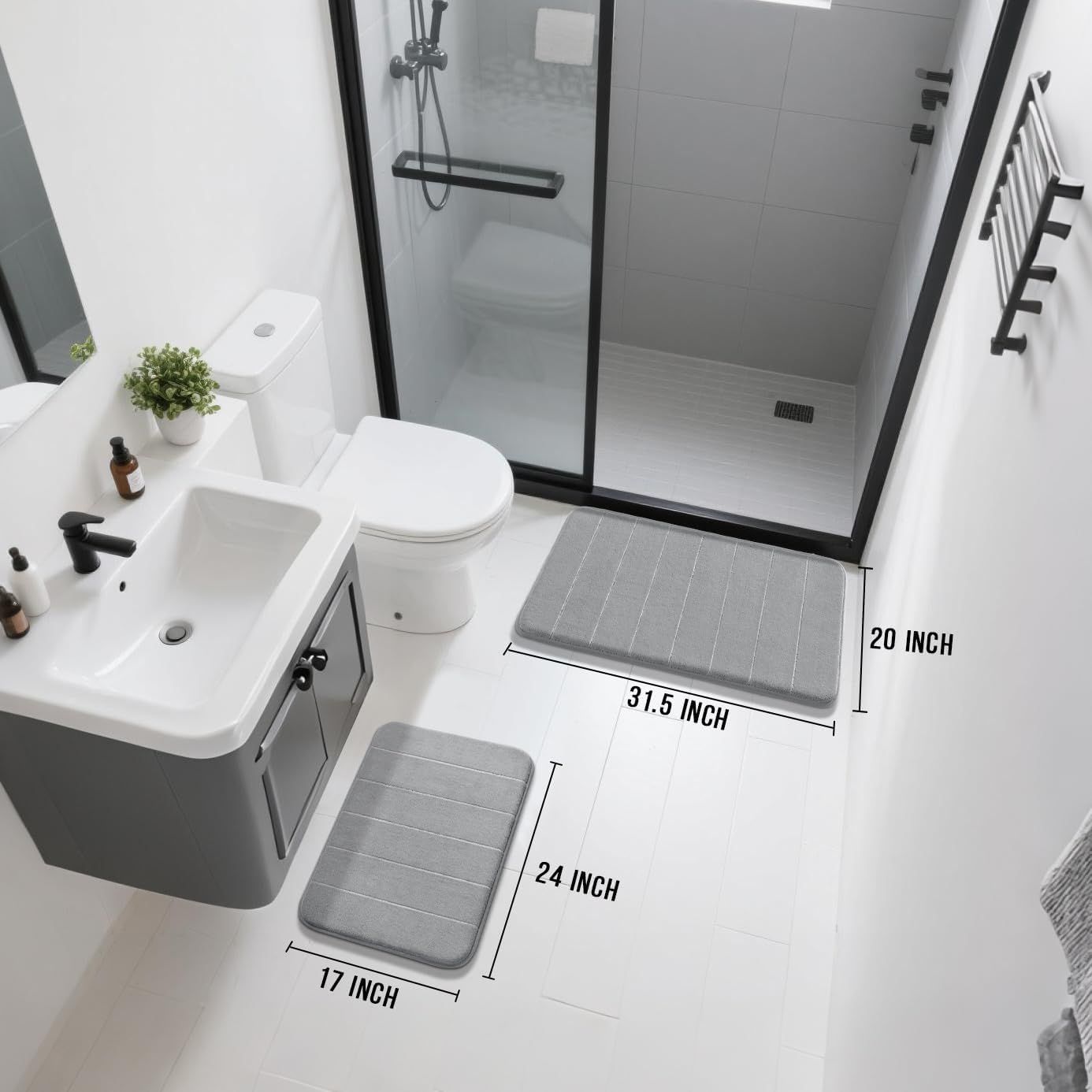 2 Pack Coral fleece Bathroom Rug Set, Soft Absorbent Non-Slip Mats for Tub, Shower and Sink, Machine Washable, Grey, 43.2 × 61 cm and 80 × 51 cm — image 2