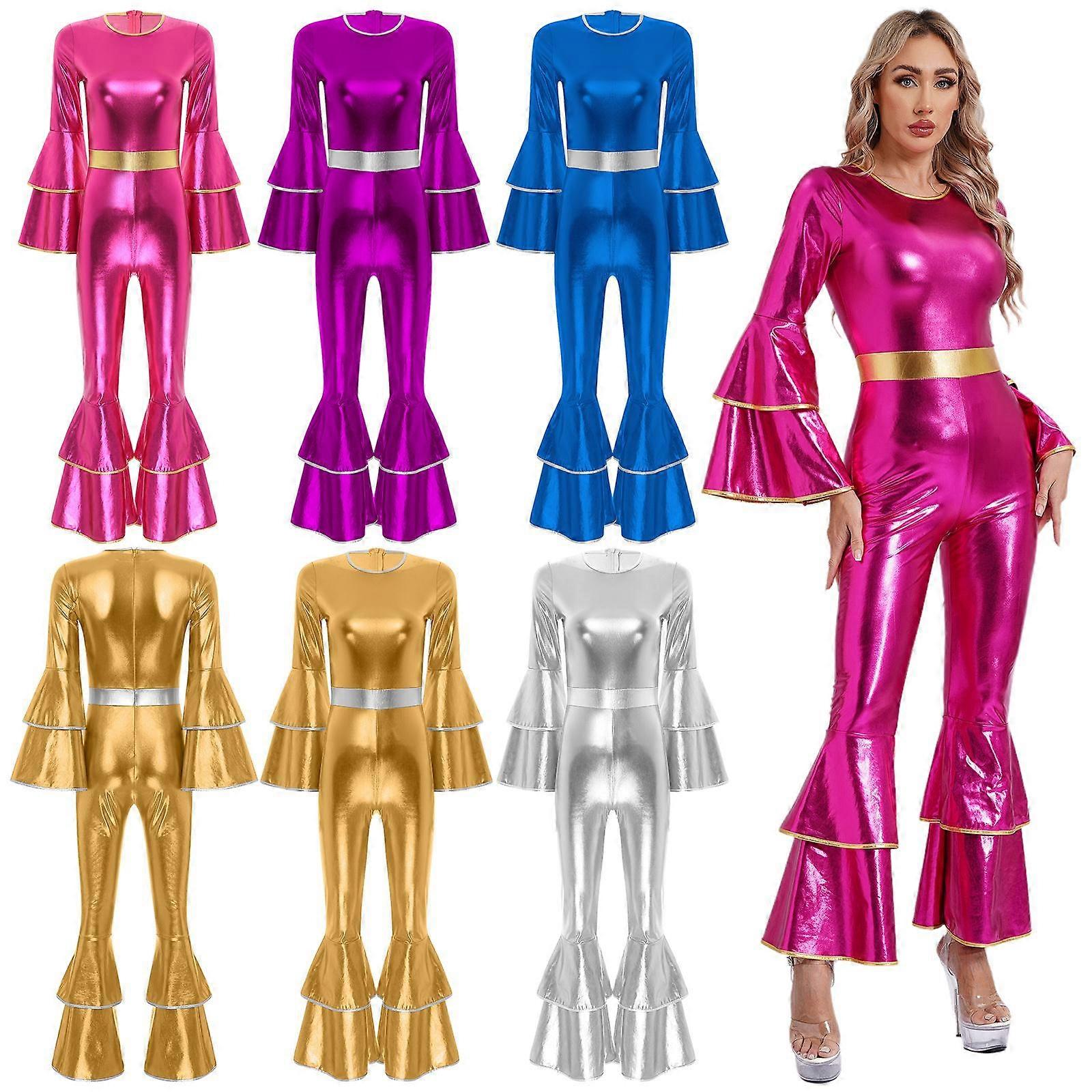 Women's Vintage 70s Disco Shiny Jumpsuit Bell Bottom Hippie Romper Cheerleading Uniform Halloween Cosplay Theme Party Costume royal blue_yux royal blue M — image 2