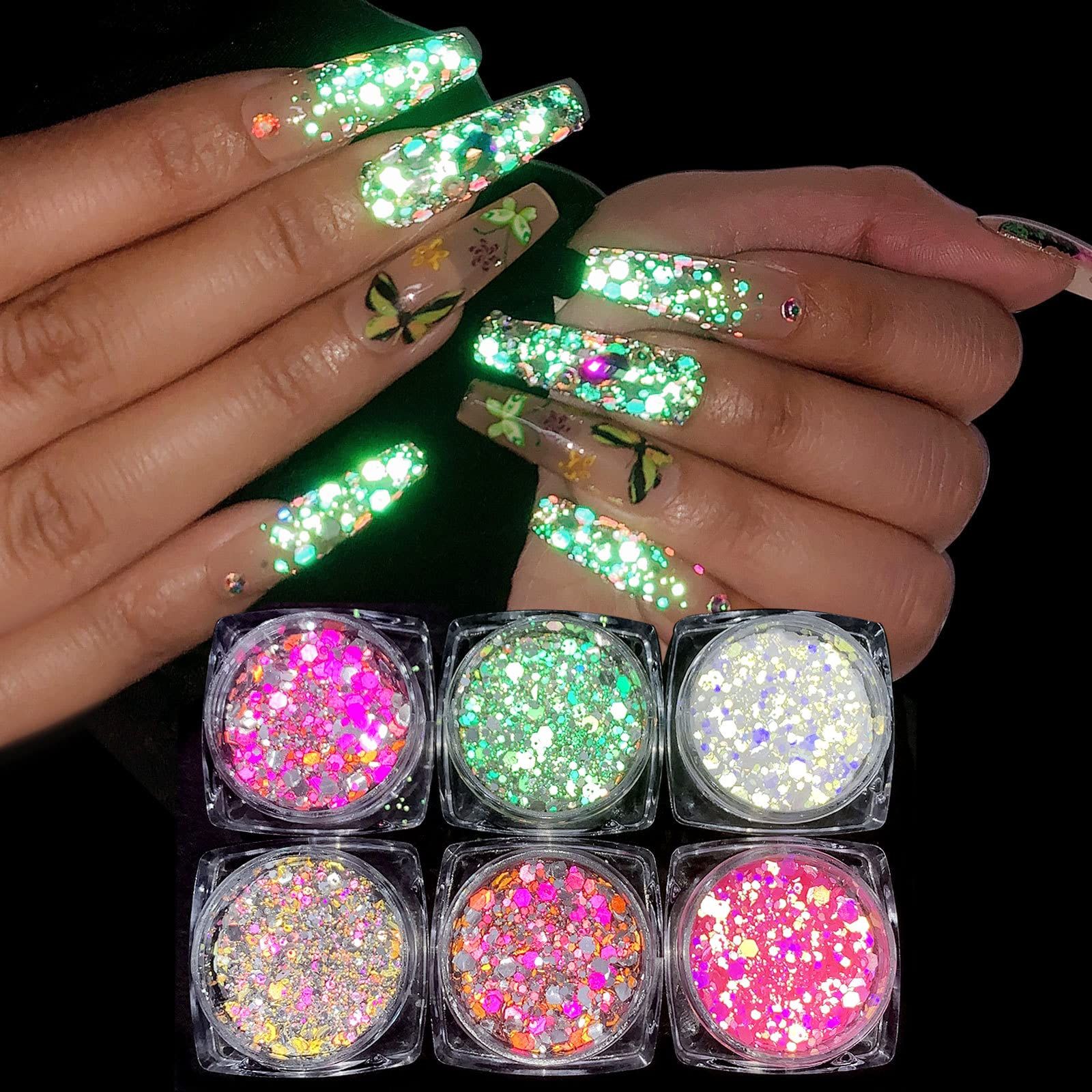 Glow in The Dark Glitter, 6 Color Luminous Iridescent Chunky Glitter, Cosmetic Craft Glitter Set for Epoxy Resin, Body, Face, Nail — image 3