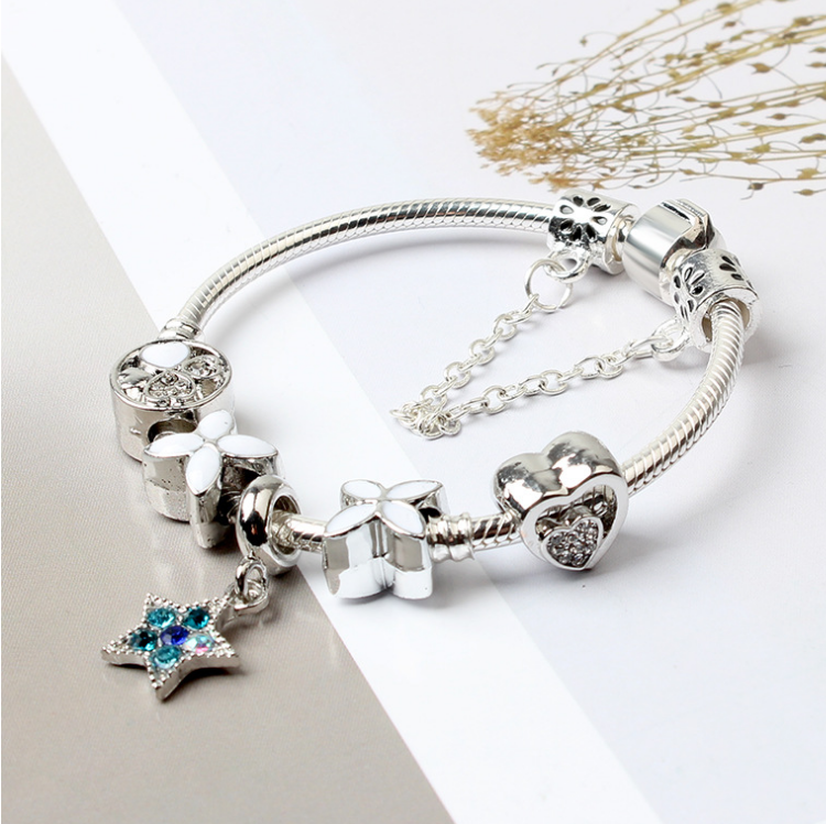 Women Silver Plated Bracelet Snake Chain with Classic Bead Barrel Clasp and Blue Star Pendant(20cm) โ image 3