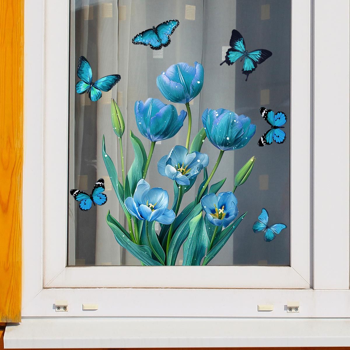 Spring Summer Window Cling Sticker,Blue Tulip Butterfly Flower Window Decal for Home Party Supplies Shop Window Glass Display — image 3