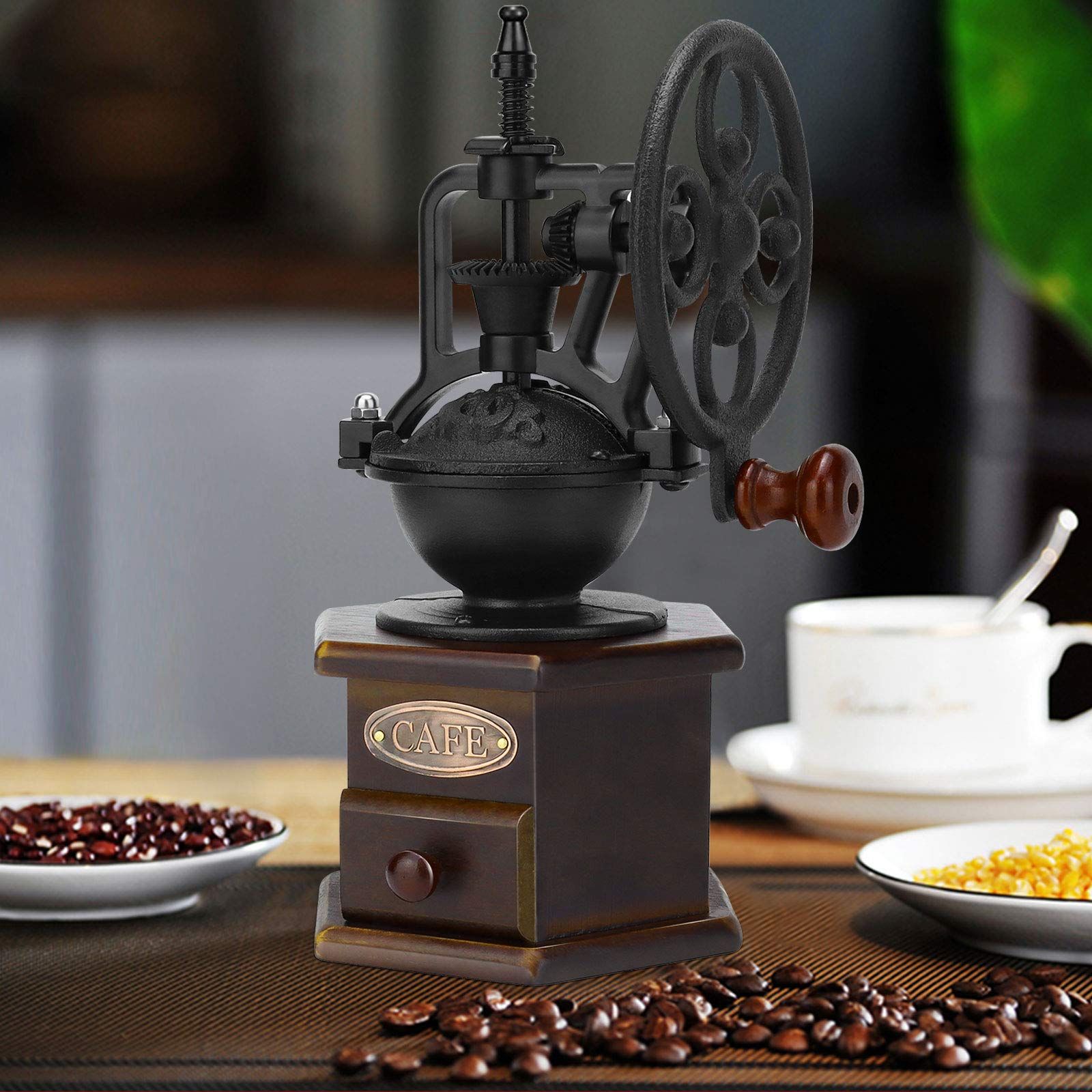 Wooden Coffee Bean Grinder Manual Coffee Grinder Roller, Antique Coffee Mill with Cast Iron Hand Crank for Making Mesh Coffee — image 4