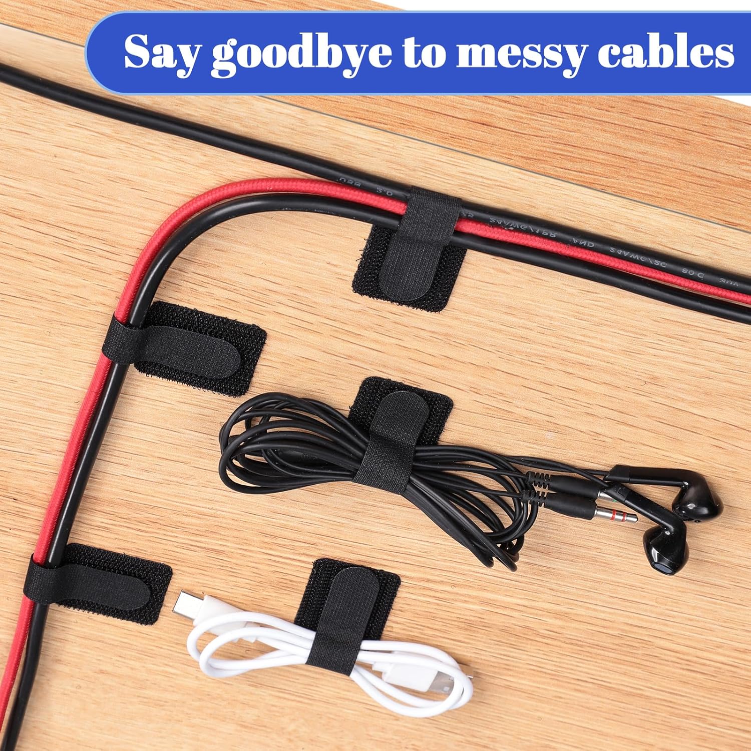 100 Pcs Hook and Loop Cable Ties, Self Adhesive Cable Management Desktop Cable Straps, Adjustable Cord Organizer for Desk Home Office Organization (Black) — image 3