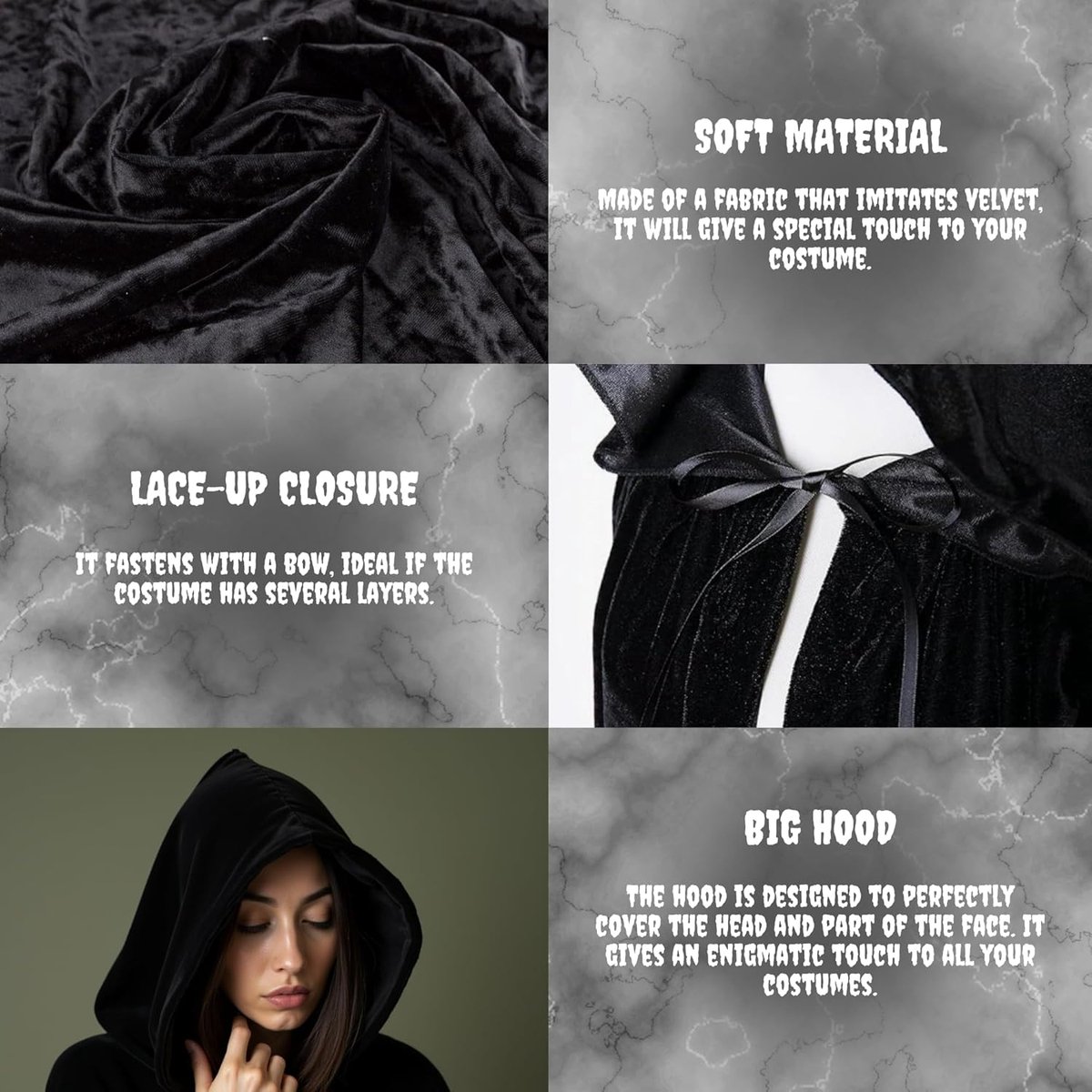 Luxury Black Hooded Coat - 170cm / XXL - Carnival Halloween Costume - Black Velour Coat - Hat - Adults - Dress Up - Costume Cape - Gothic - Fantasy - Halloween — image 4