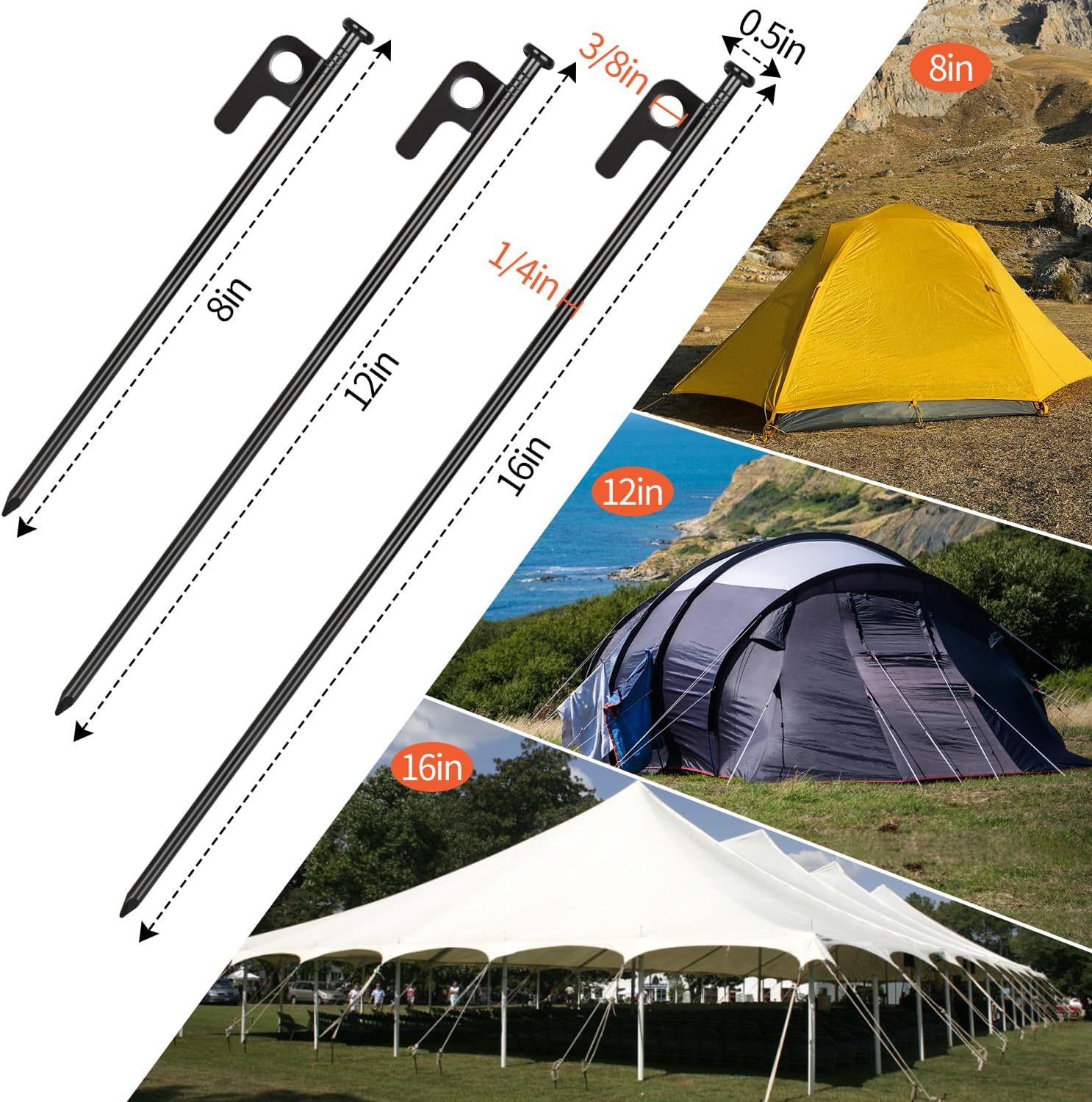 8 Pack 8in Heavy Duty Forged Steel Tent Stakes and Hammer Set, with Storage Pouch, Available in Rocky Place — image 2