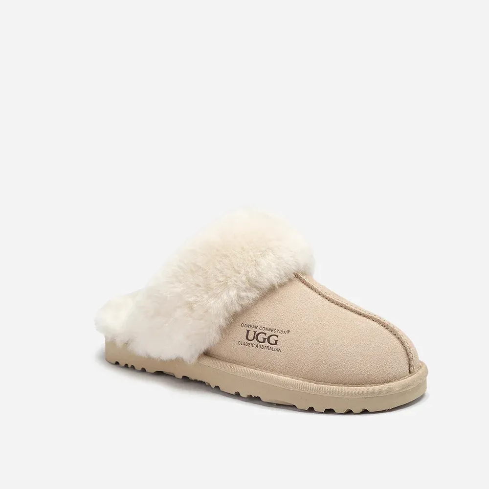 Ugg Slippers Premium Australia Sheepskin Unisex Scuffette Suede (Unisex Cow Suede) (SAND, EU42)