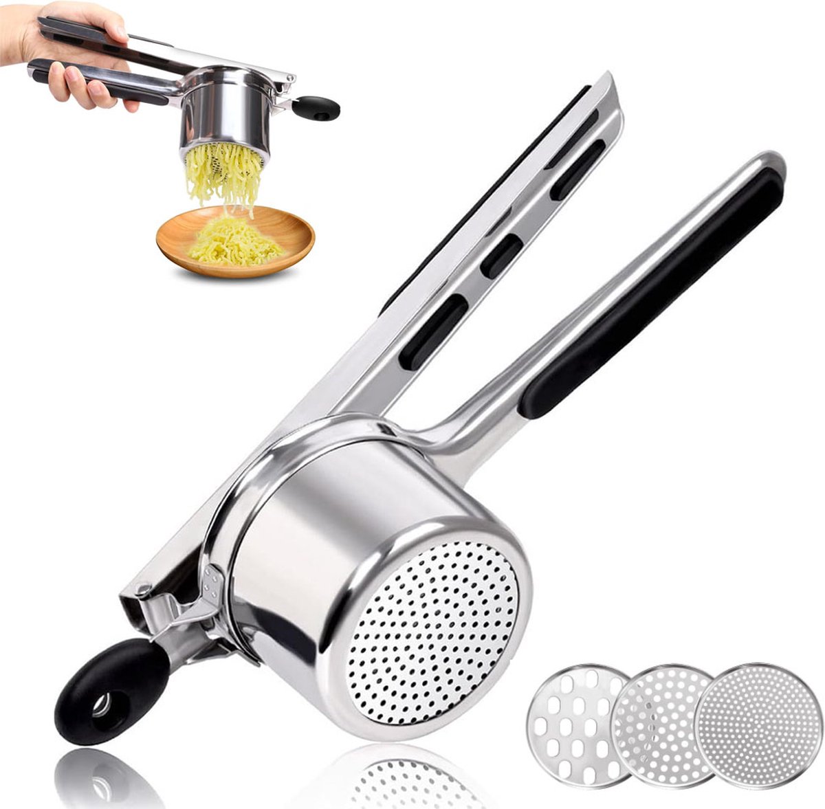 Stainless Steel Potato Press - Potato Squeezer - Potato Masher - Includes 3 Different Texture Discs - Can Be Hanged - Making Potato Puree - Dishwasher Safe