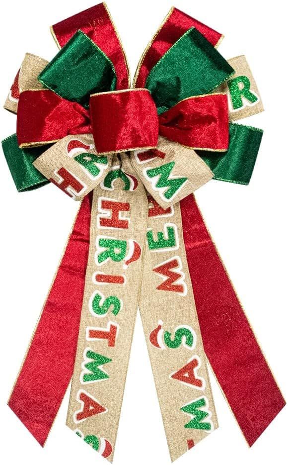 Large Christmas Bow for Wreath, Green Red Velvet Bows for Front Door Wall Fence Decor, Merry Christmas Words Wreath Bow Tree Topper Bow for Winter Christmas