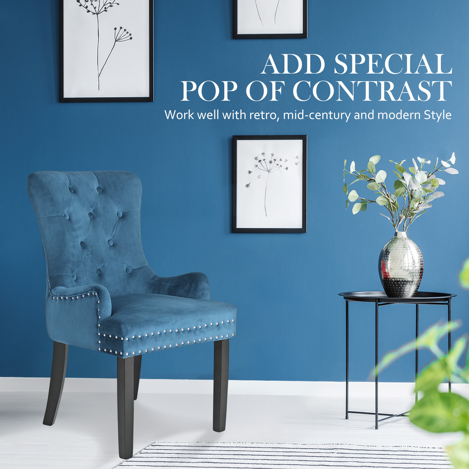 2X French Provincial Dining Chair Ring Studded Velvet Rubberwood Leg LISSE NAVY BLUE — image 3