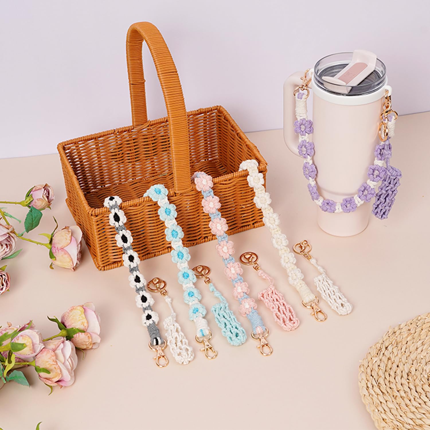 Hand-Woven Flower Water Bottle Strap with Silicone Ring 41cm/16.14 inch – Universal Cup Holder for 14oz, 30oz, and 40oz Stanley Tumblers, Adjustable Shoulder — image 4