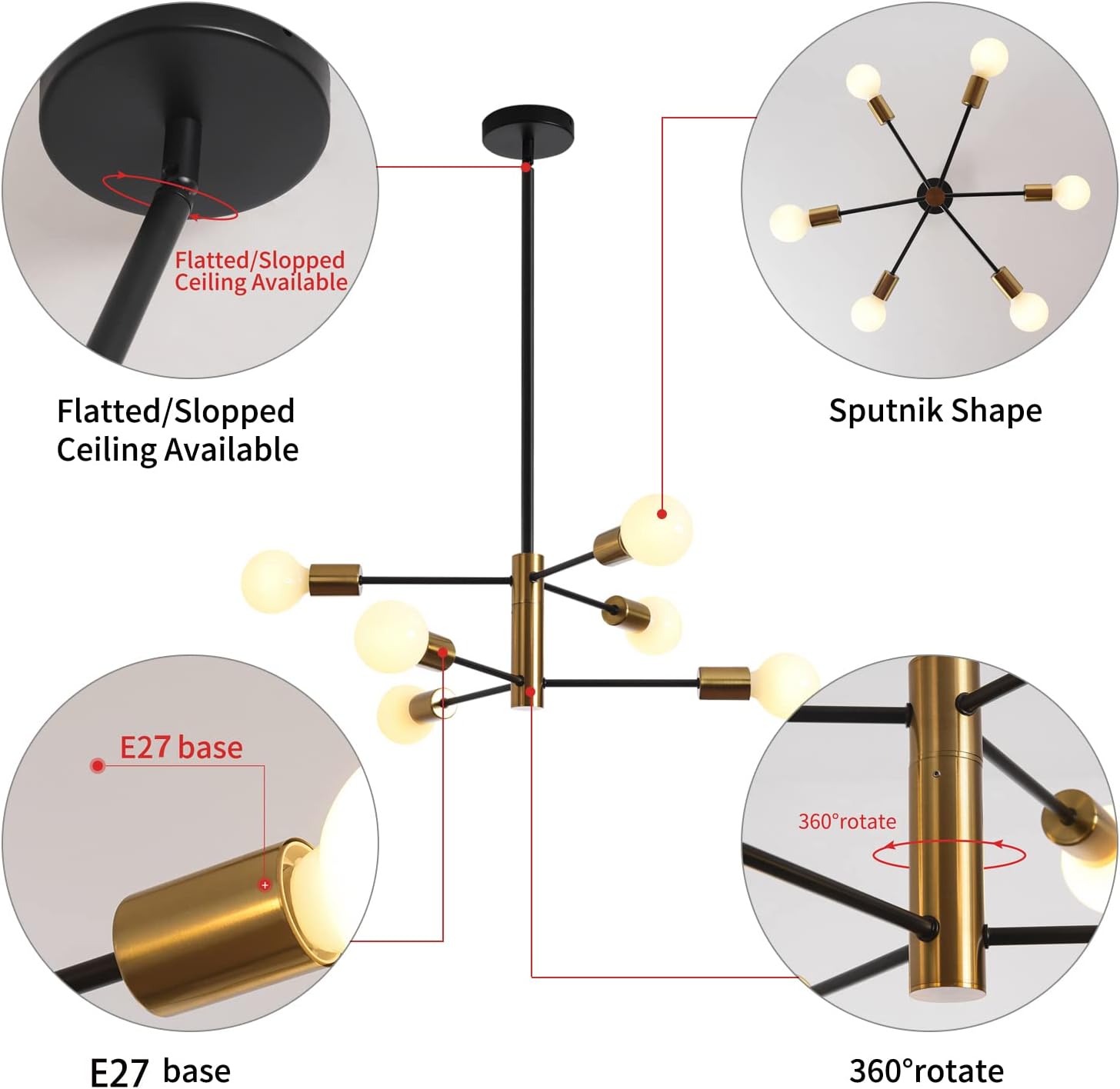 Sputnik Chandelier Modern Industrial, 6-Light, Black & Gold โ image 5