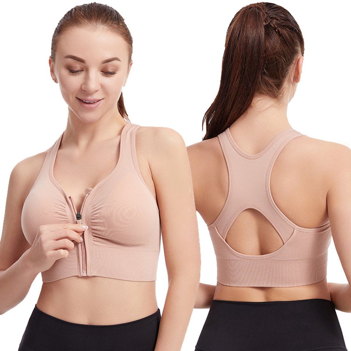 Women's Sports Bra with Front Zipper, High Impact Sports Bra with Zipper, Push, up and Breathable, Yoga and Fitness, Black, XL โ image 2