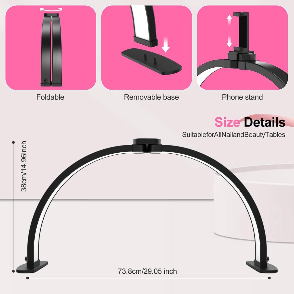 Desk Lamp - Manicure Lamp - Nail Technician Desk Lamp - Half-Moon Lamp - Large LED Tech Table Lamp with Phone Holder - 3 Enlightenment Style Modes - Black โ image 4