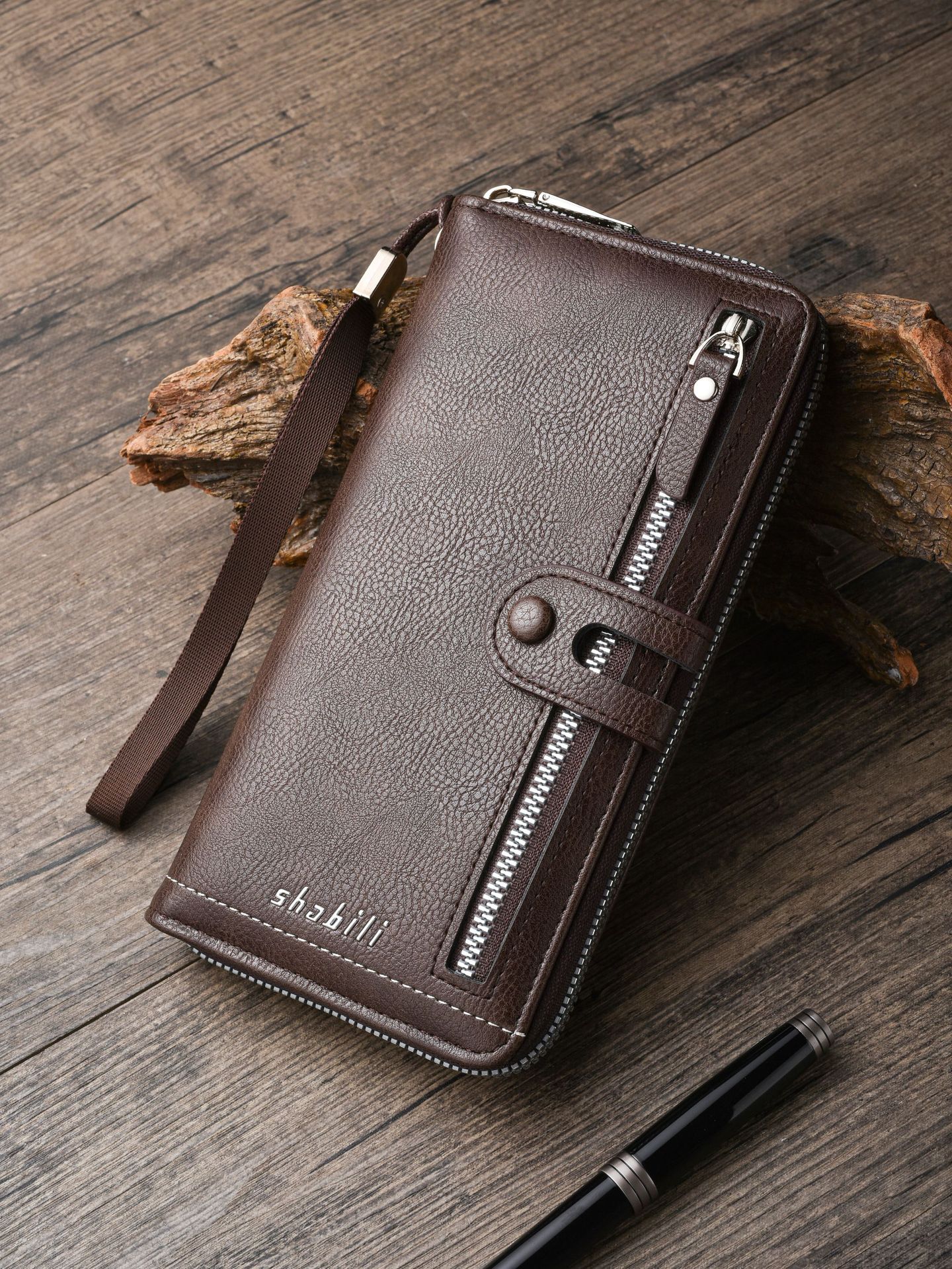 Two pieces High-Capacity PU Leather Clutch Wallet - Unisex Design with Wrist Strap, Zipper & Multiple Card Slots(Dark brown) โ image 2