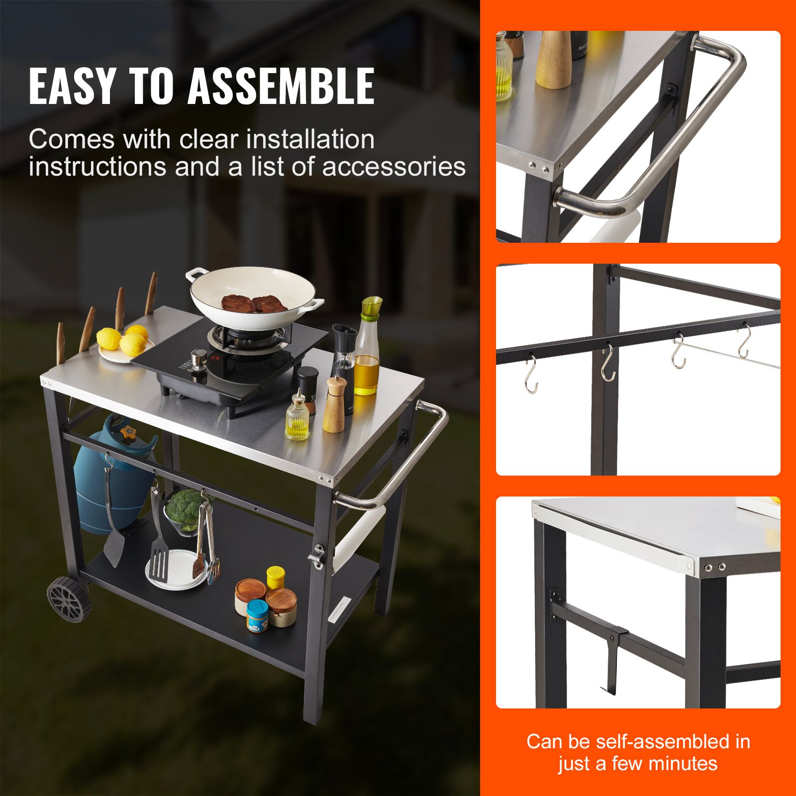 Outdoor Grill Dining Cart with Double-Shelf, 85 × 55cm BBQ Movable Food Prep Table, Multifunctional Stainless Steel Table Top, Portable Modular Carts for Pizza — image 6