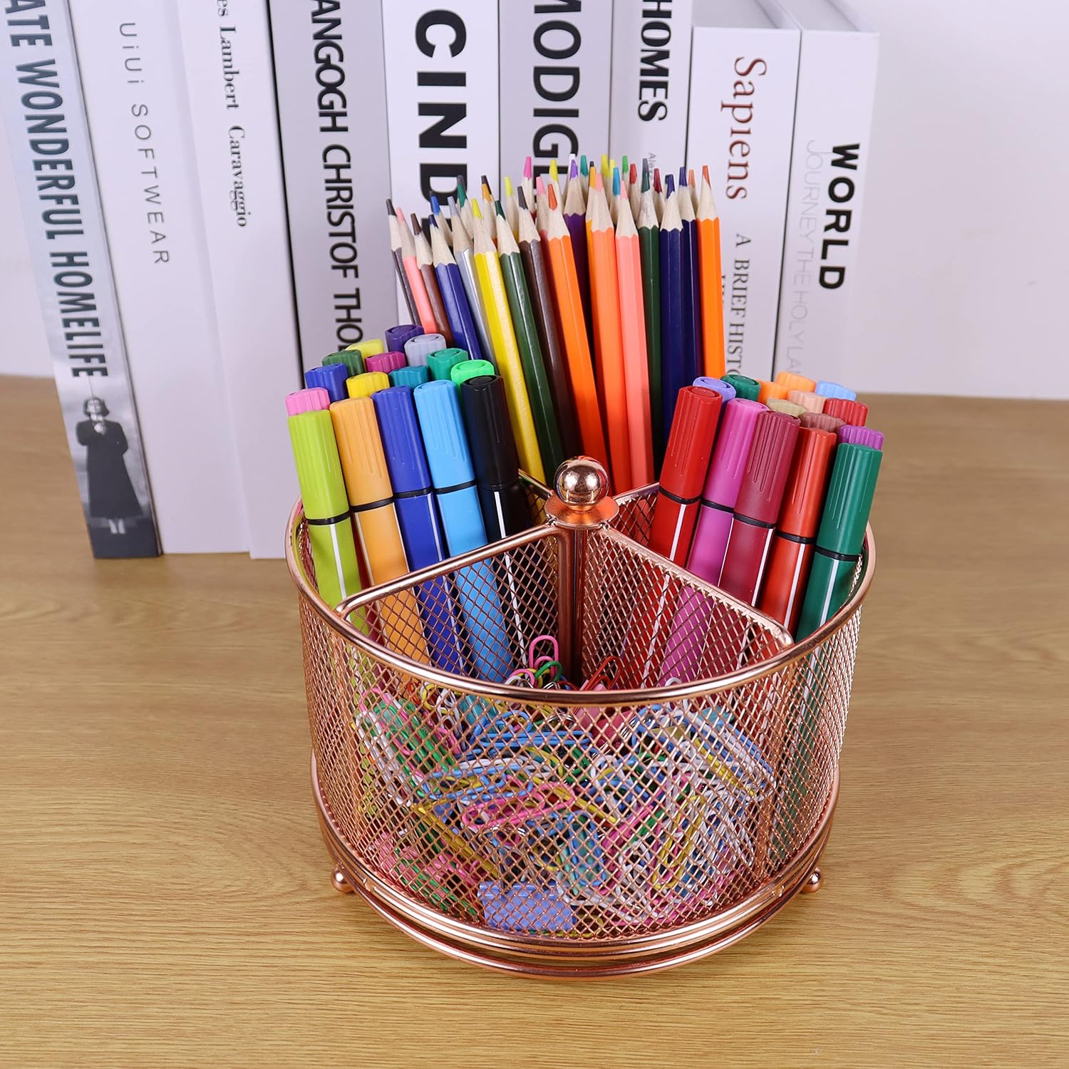 17x17x13cm Rose Gold Metal Mesh Desk Organizer Office Supplies Storage — image 3